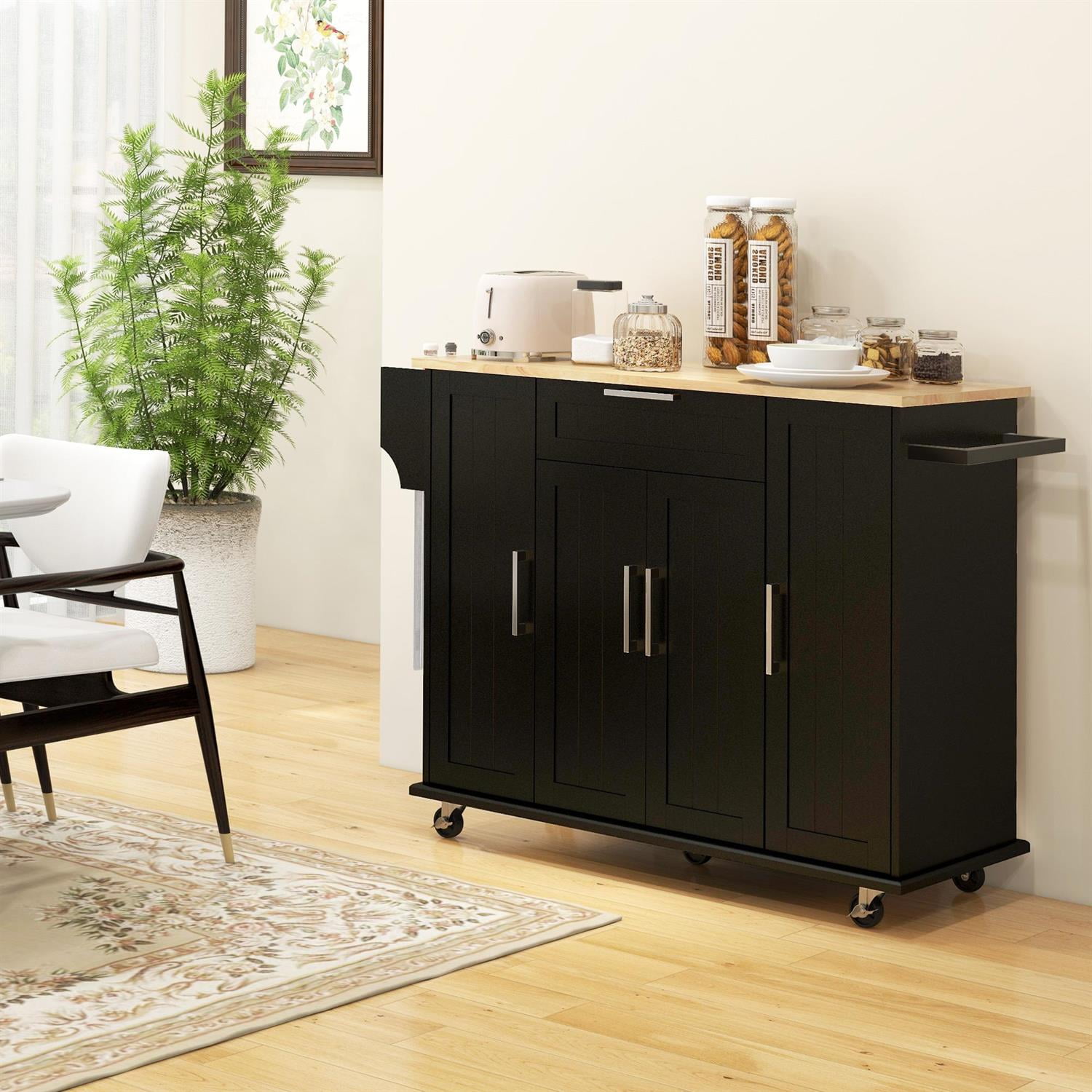 Demi Bonn 52" Modern Rolling Kitchen Cart with Drawers, Natural Wood Top & Towel Rack, Storage Cabinet for Kitchen, Black