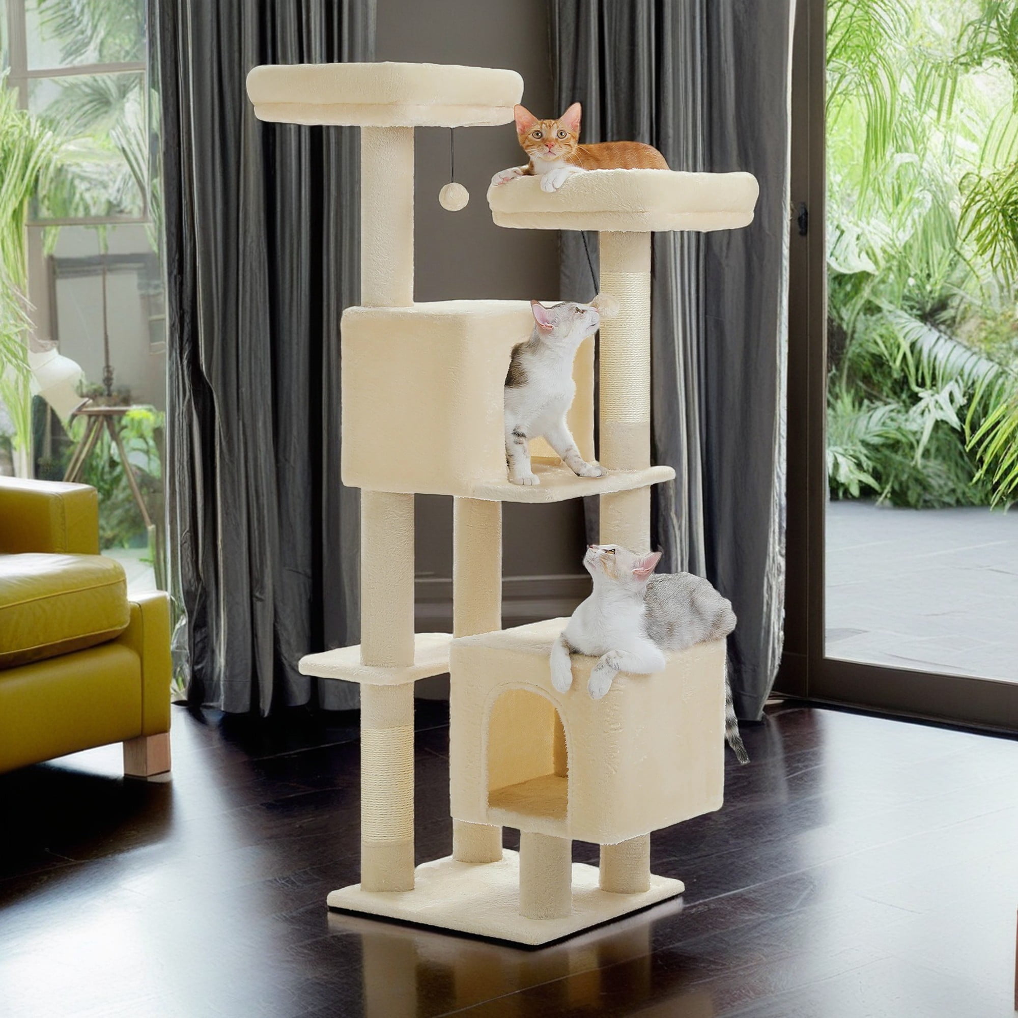 Kadyn 52" Multilevel Cat Tree Tower for Indoor Cats, Plush Cat Tree House with 2 Padded Perches, 2 Condos and 2 Scratching Posts, Beige