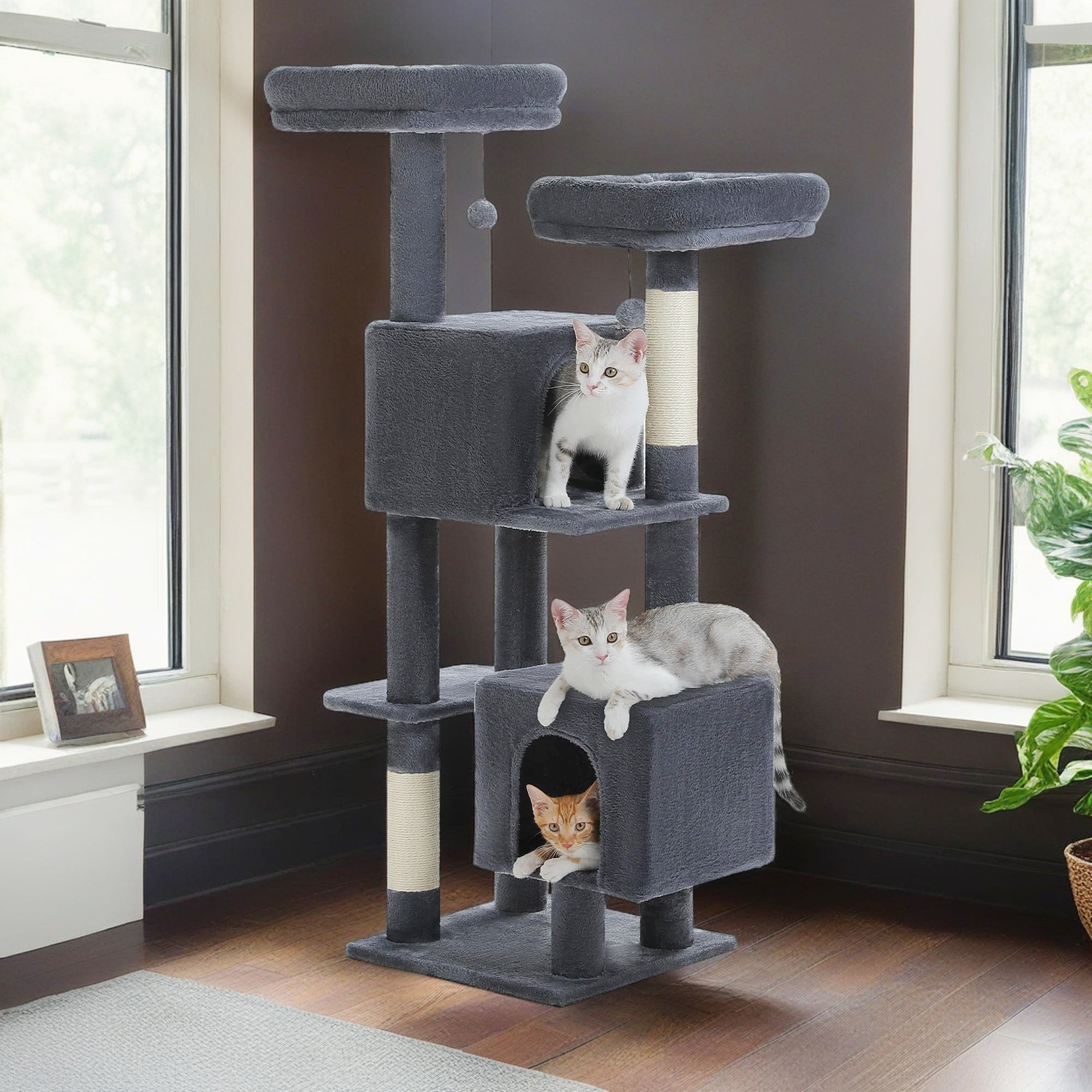 resenkos 52" Multilevel Cat Tree Tower for Indoor Cats, Plush Cat Tree House with 2 Padded Perches, 2 Condos and 2 Scratching Posts, Gray