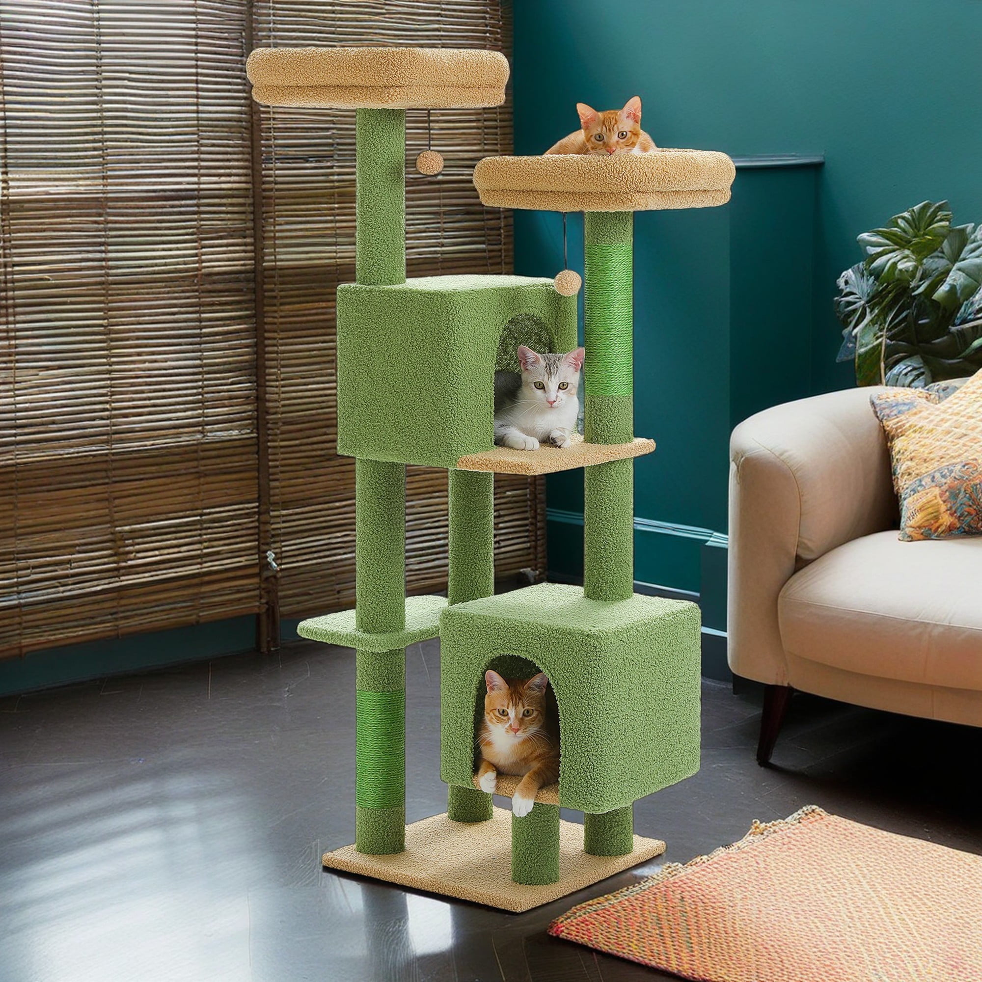 resenkos 52" Multilevel Cat Tree Tower for Indoor Cats, Plush Cat Tree House with 2 Padded Perches, 2 Condos and 2 Scratching Posts, Green