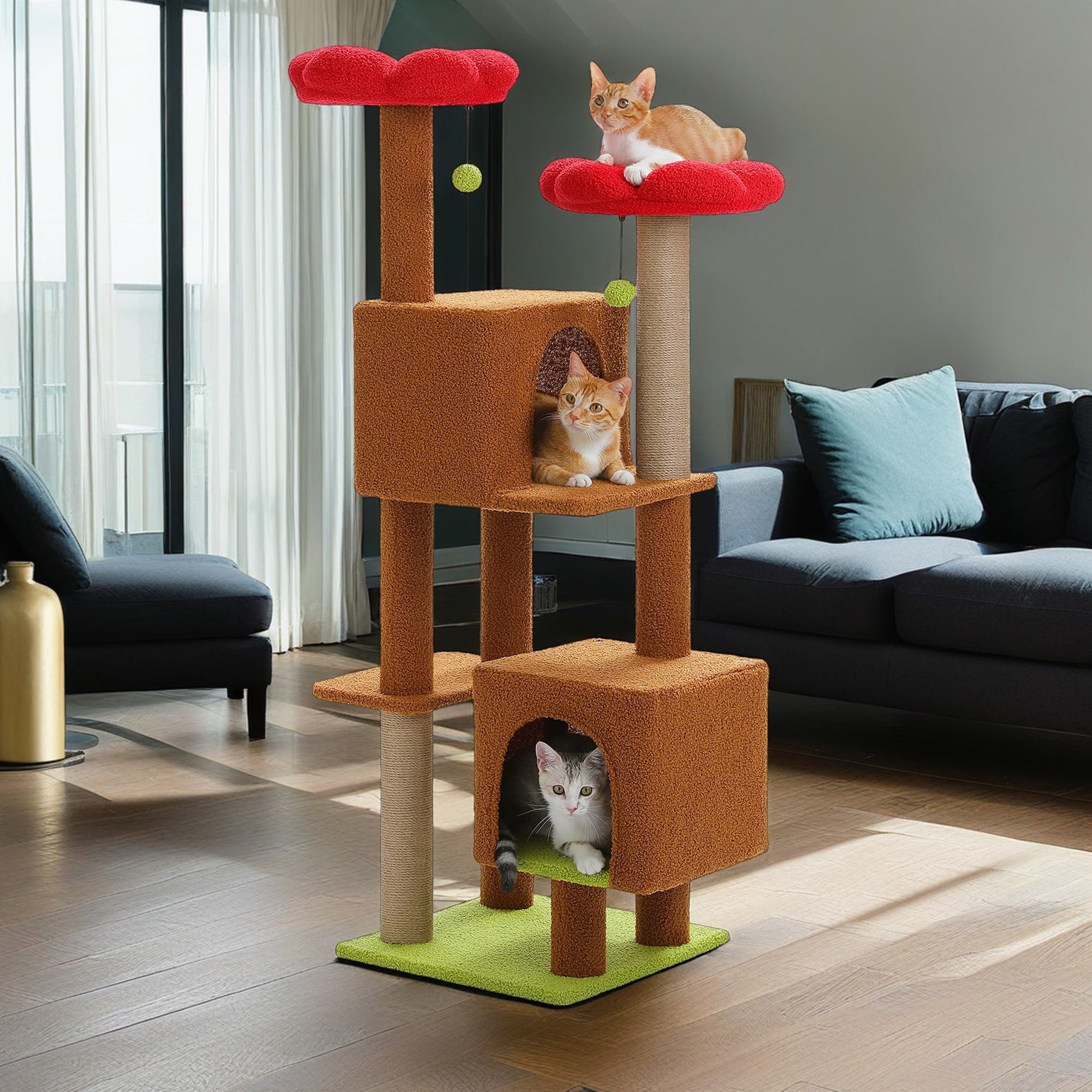 resenkos 52" Multilevel Cat Tree Tower for Indoor Cats, Plush Flower Cat Tree House with 2 Padded Perches, 2 Condos and 2 Scratching Posts, Brown