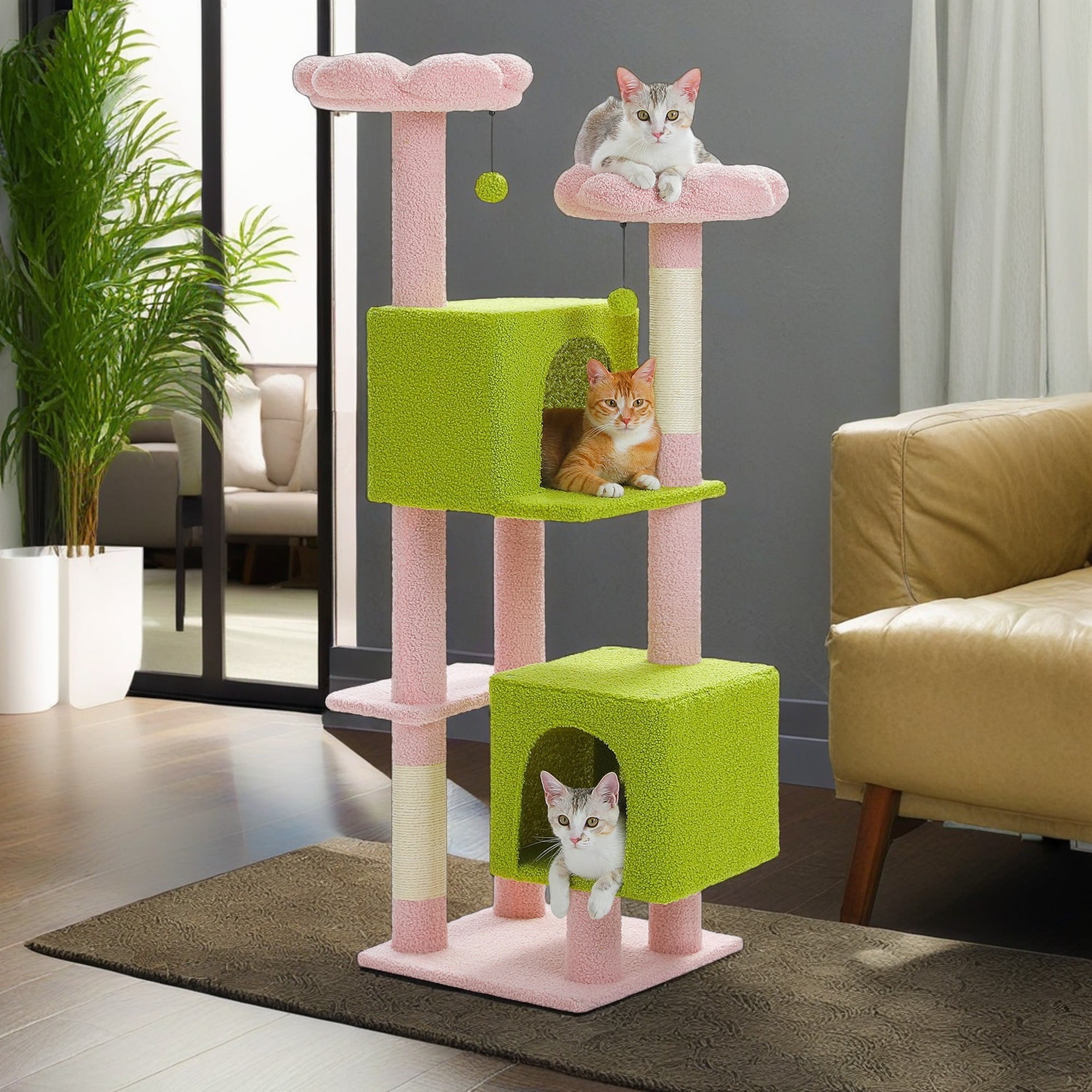 Kadyn 52" Multilevel Cat Tree Tower for Indoor Cats, Plush Flower Cat Tree House with 2 Padded Perches, 2 Condos and 2 Scratching Posts, Pink