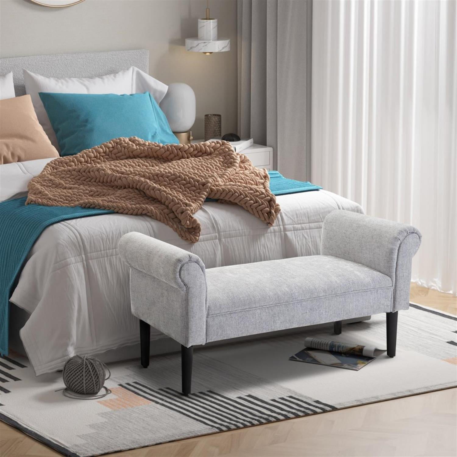 Demi Bonn 52" Upholstered Ottoman Bench with Armrests, Comfy Seating for Living Room Decor, Stylish Storage & Extra Seating Space, Gray