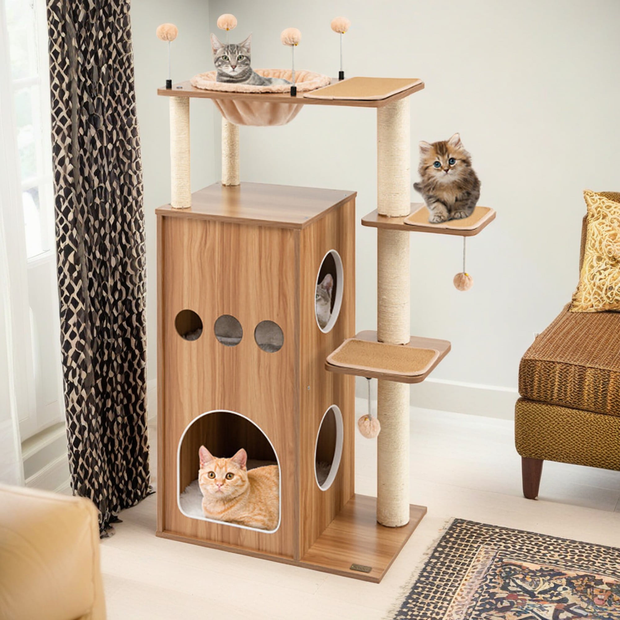 Kadyn 52" Wood Cat Tree Tower for Indoor Cats with Scratching Posts Washable Detachable Cushion, Teasing Balls, Modern Cat Condo Furniture for Large Cat, Beige