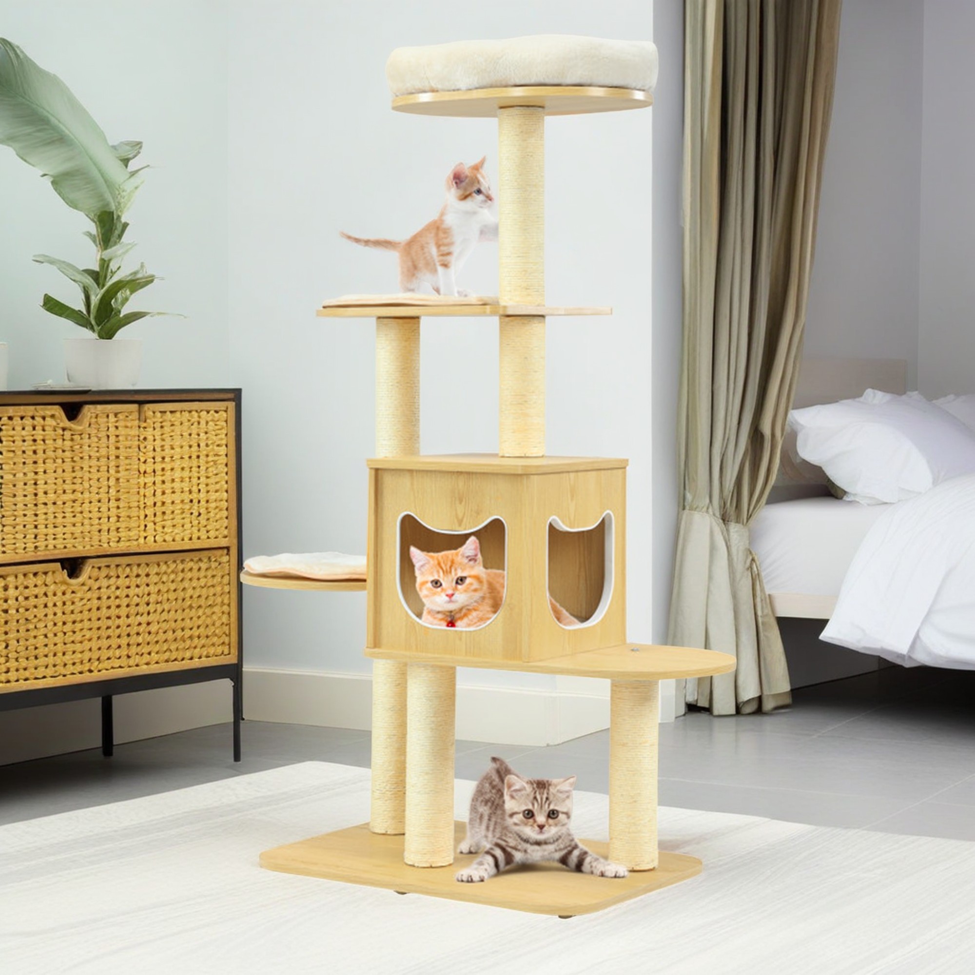 resenkos 53" Cat Tree House, 4 Levels Modern Cat Tree Tower for Indoor Cats, Wood Cat Condo with Scratching Post and Removable Pads, Beige