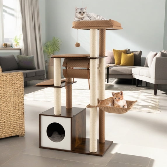 Demi Bonn 53" Cat Tree Tower Furniture, Cat Tree House with Swing Tunnel Condo Scratch Post for Kittens Pet House Play, Brown