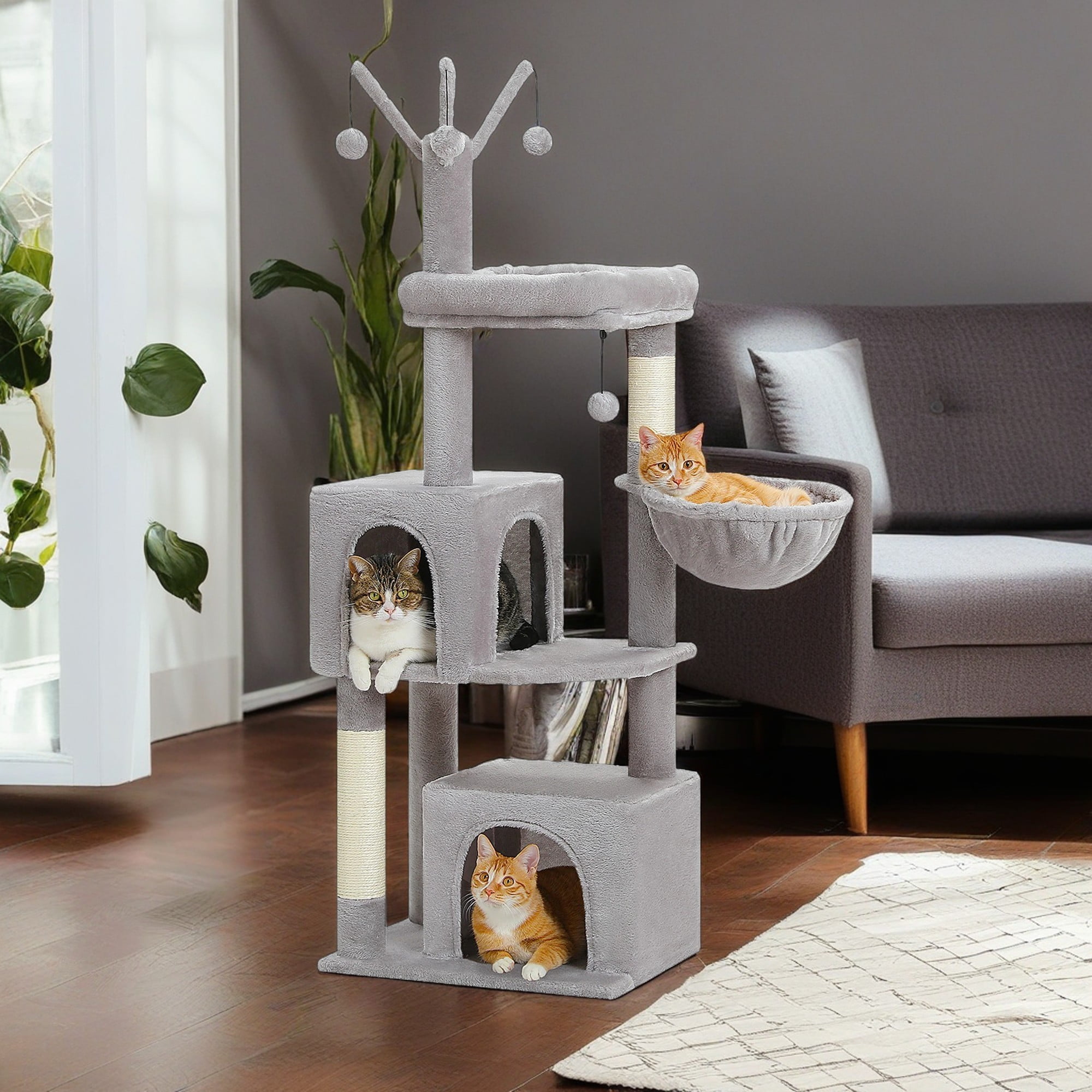 Kadyn 53" Cat Tree Tower for Indoor Cats with Hammock, Cat Climbing Tree with Scratching Posts, Condo House and Top Perch, Gray