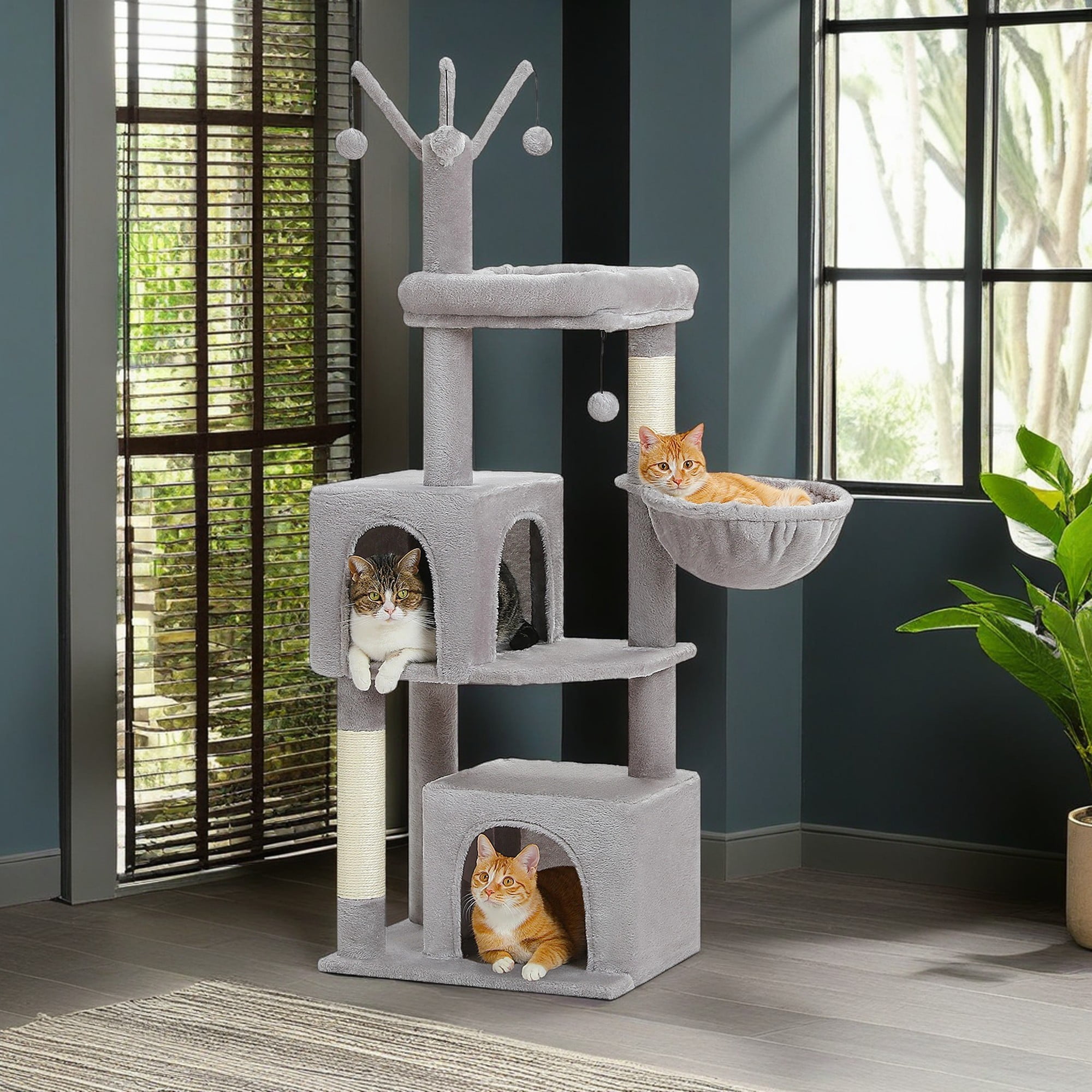 Kadyn 53" Cat Tree Tower for Small Cats with 2 Cat Condos, Hammock and 3 Removable Pompom Sticks, Cat Tree House with Scratching Posts, Gray