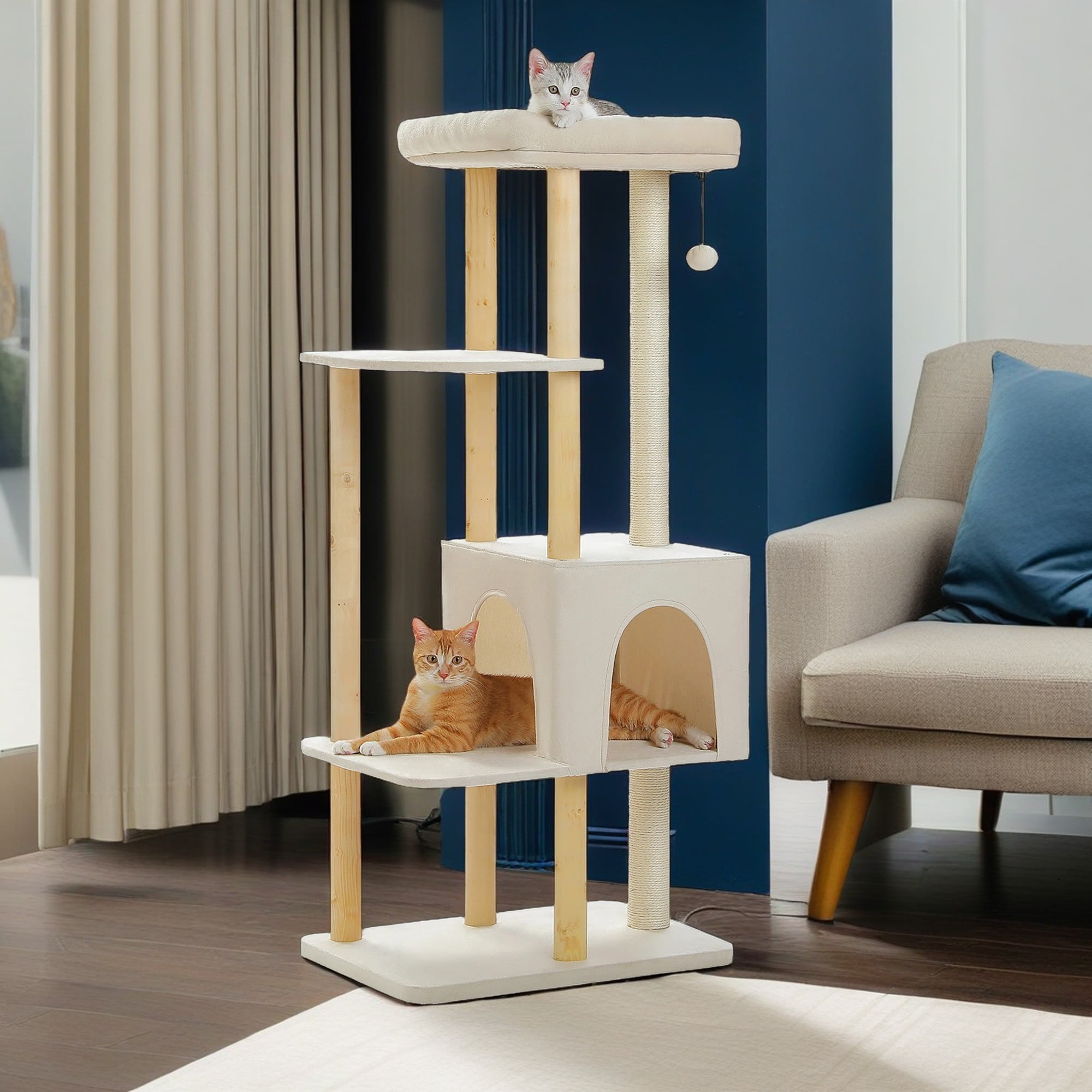 Kadyn 53" Cat Tree for Indoor Cats, Multi-Level Cat Climbing Tower with Sisal Scratching Posts and Top Perch, Beige