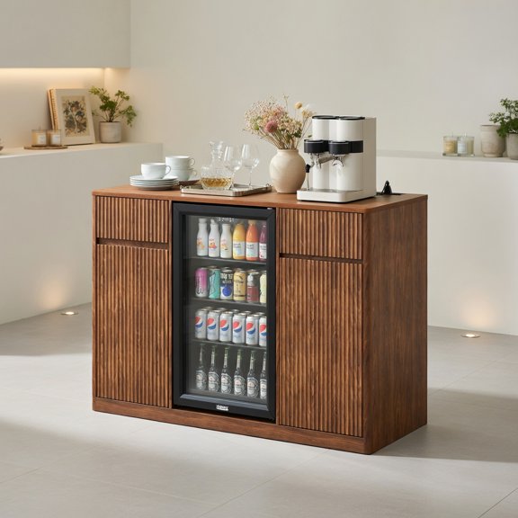 Demi Bonn 53" Fluted Bar Cabinet with Built-in Fridge Nook (Fridge Not Included), 3-Tier Adjustable Shelves, Multi-Port Charging Station & Stemware Rack, Kitchen Sideboard, Walnut