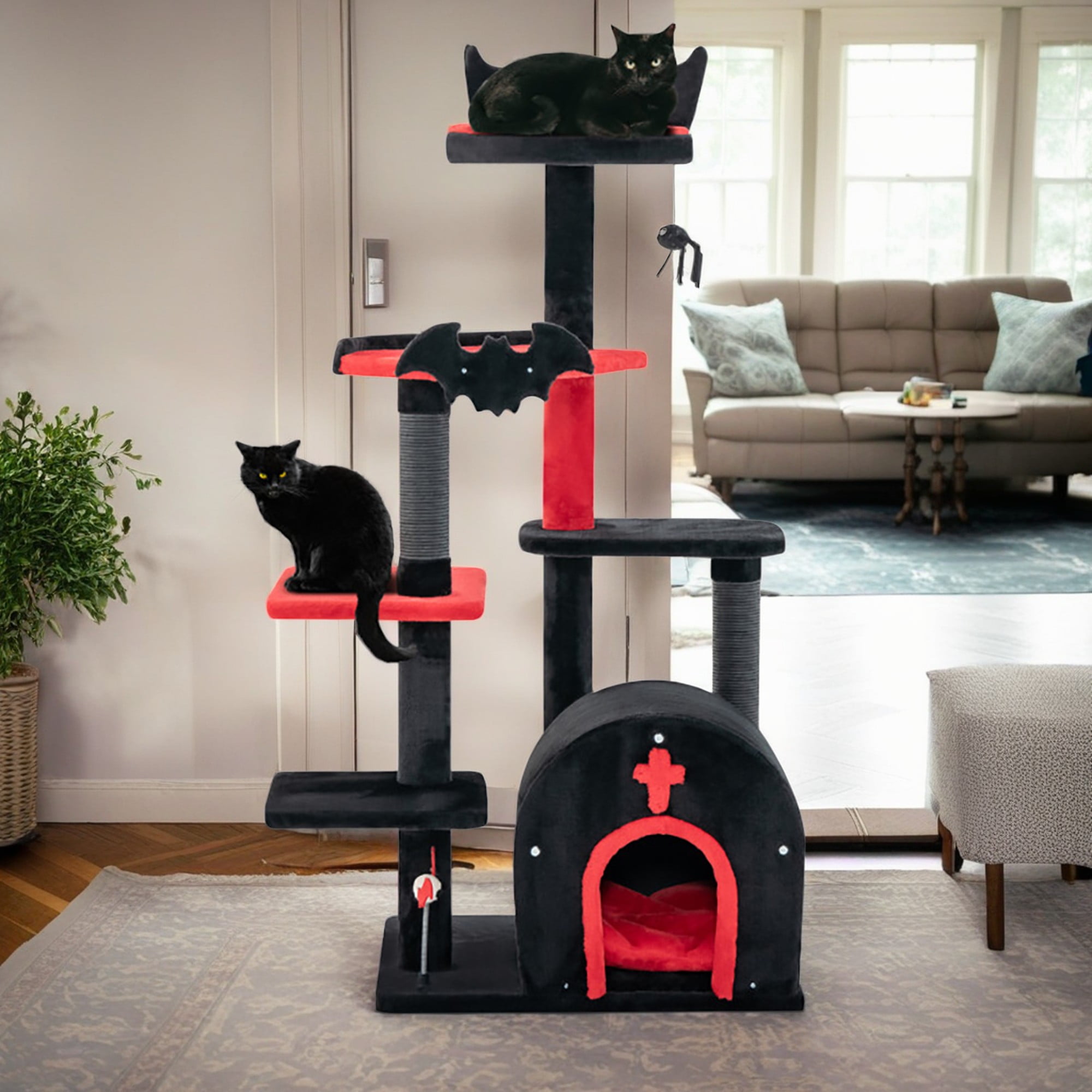 Kadyn 53" Gothic Cat Tree Tower Furniture with Scratching Post, Arch-Shaped Cat Condo for Kittens Cat Tree House, Black