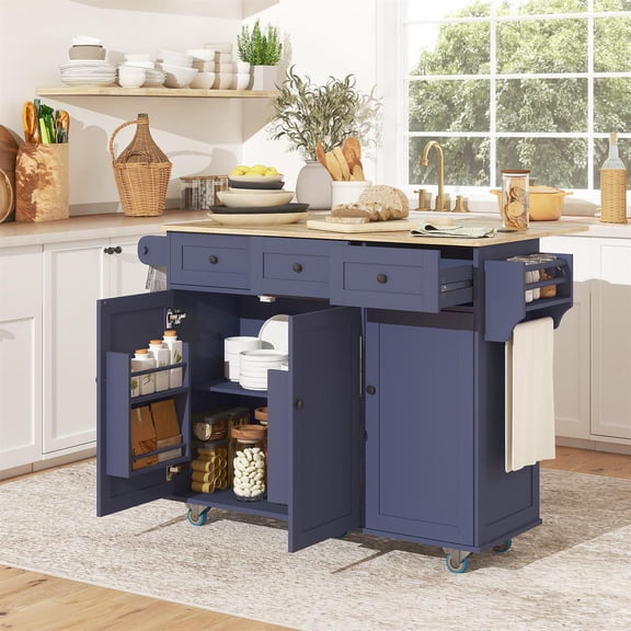 Demi Bonn 53" Kitchen Island on Wheels with Drop Leaf, Charging Station, Rolling Kitchen Cart with Wood Top, Adjustable Shelf for Dining Room, Blue