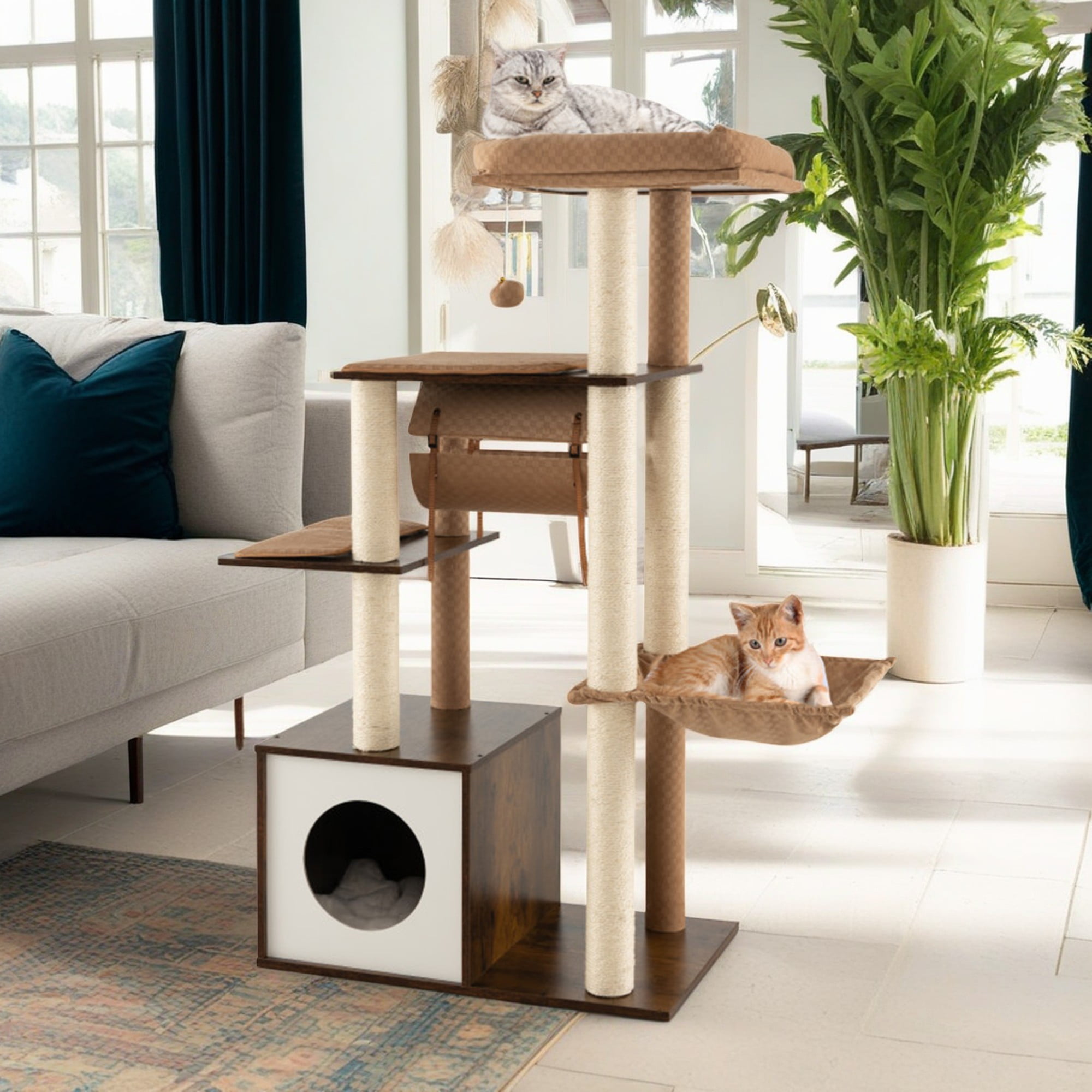 Kadyn 53" Modern Cat Tree Tower for Indoor Cats, Multi-Level Cat Condo with Scratching Posts, Perch, Washable Removable Cushions, Cat Tree House, Brown