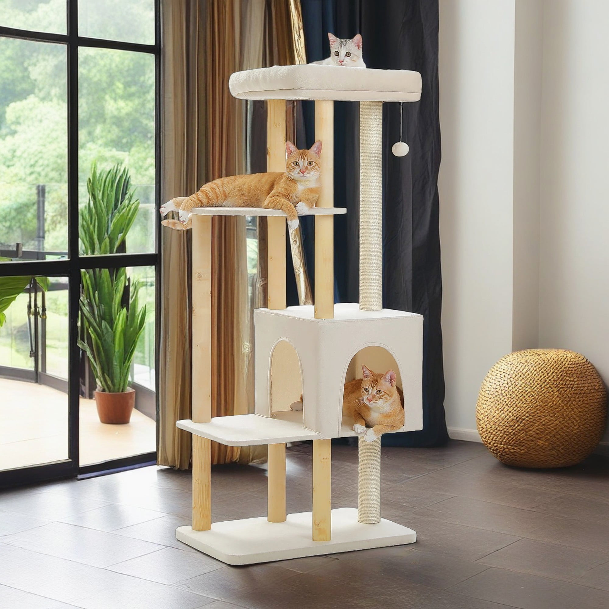 Kadyn 53" Modern Wooden Cat Tree Tower for Indoor Cats, Multi-Level Cat Condos with Long Scratching Posts and Scraping Columns, Beige