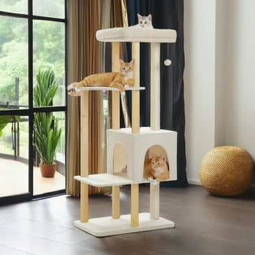 Demi Bonn 53" Modern Wooden Cat Tree Tower for Indoor Cats, Multi-Level Cat Condos with Long Scratching Posts and Scraping Columns, Beige