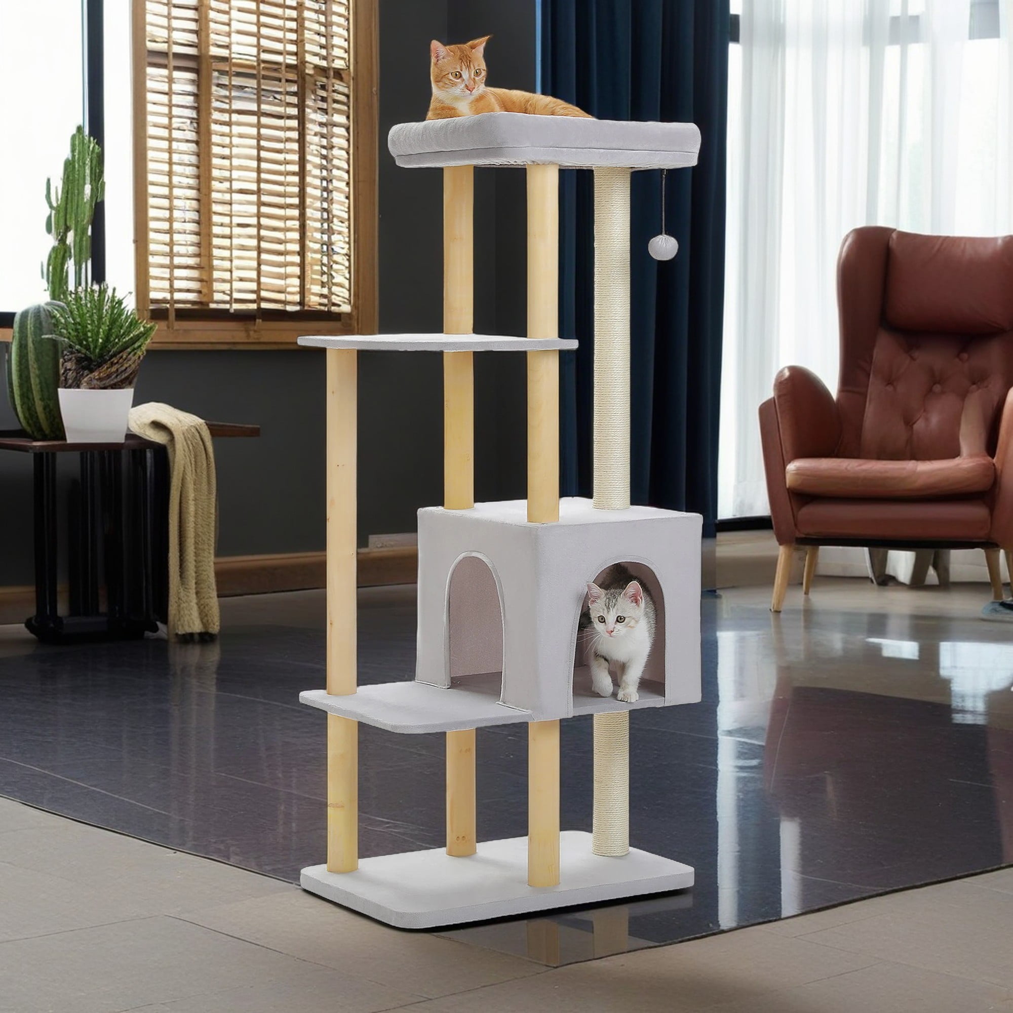 resenkos 53" Modern Wooden Cat Tree Tower for Indoor Cats, Multi-Level Cat Condos with Long Scratching Posts and Scraping Columns, Gray