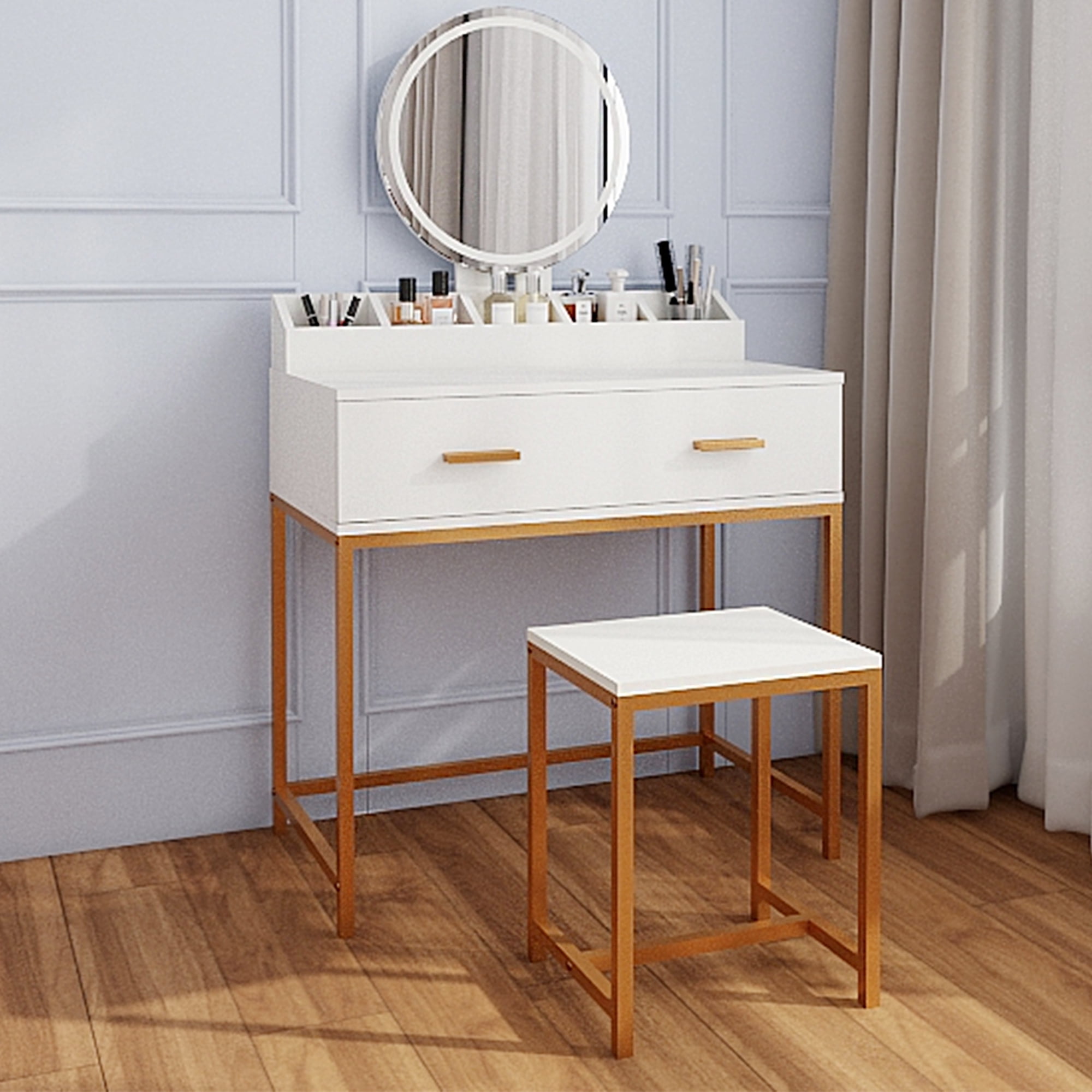 Demi Bonn 53" Vanity Set with Mirror and Stool for Bedrooms, Modern Makeup Vanity Table with Cosmetic Storage Drawers, Organizer, Gold Legs, White