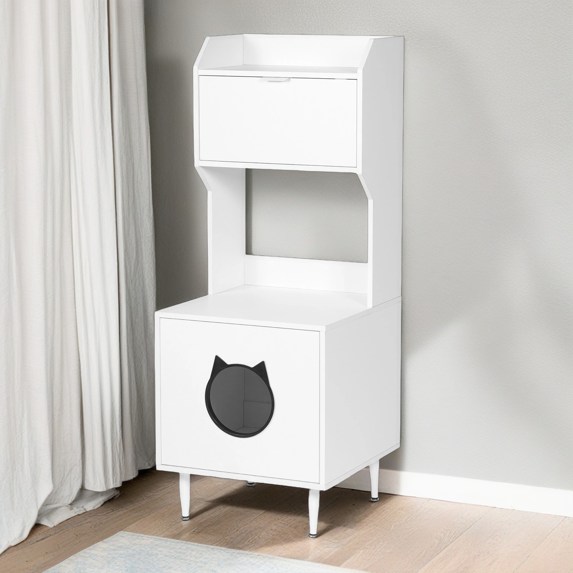 Kadyn 53" Wooden Cat Litter Box Enclosure Furniture with Shelves, Large Hidden Litter Box Cat House Washroom, White