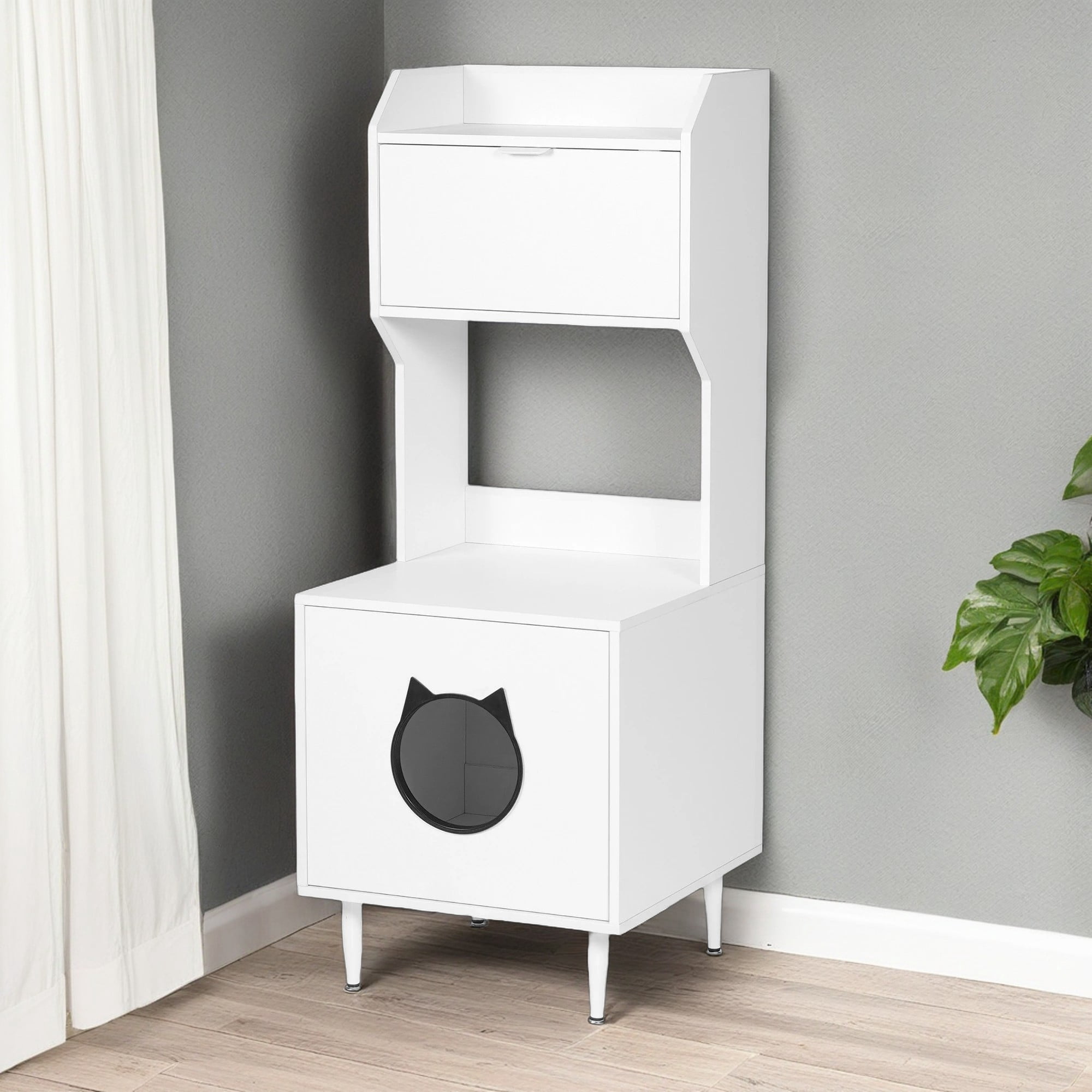 resenkos 53" Wooden Cat Litter Box Enclosure with Shelves, Hidden Litter Box Furniture Cat House Washroom, White