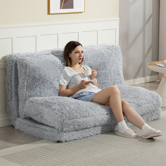 Demi Bonn 54" Bean Bag Floor Sofa Bed, Contemporary Plush Wide Folding Floor Mattress, Foam Filling Wall Couch Sleeper for Living Room, Gray