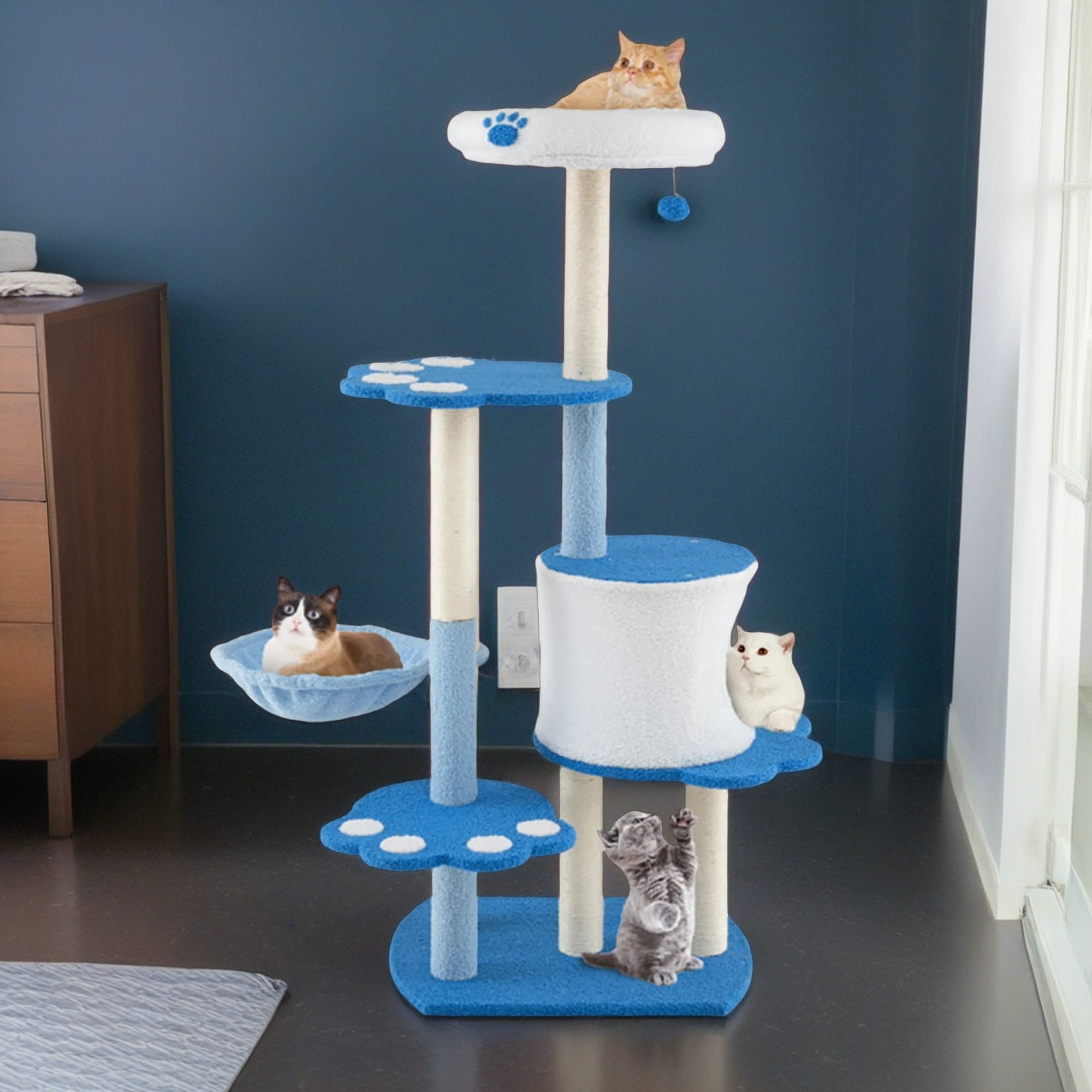 resenkos 54" Cat Tree Tower, Cat Condo for Indoor Cats with Padded Plush Perch, Cat House with Basket Scratching Board Post, Blue