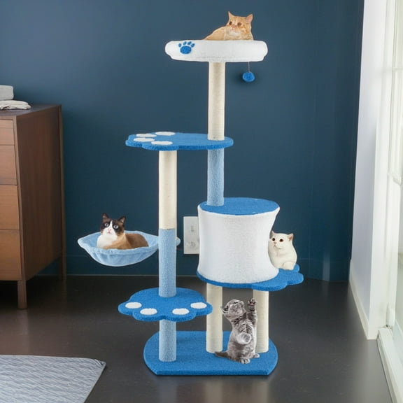 Demi Bonn 54" Cat Tree Tower, Cat Condo for Indoor Cats with Padded Plush Perch, Cat House with Basket Scratching Board Post, Blue