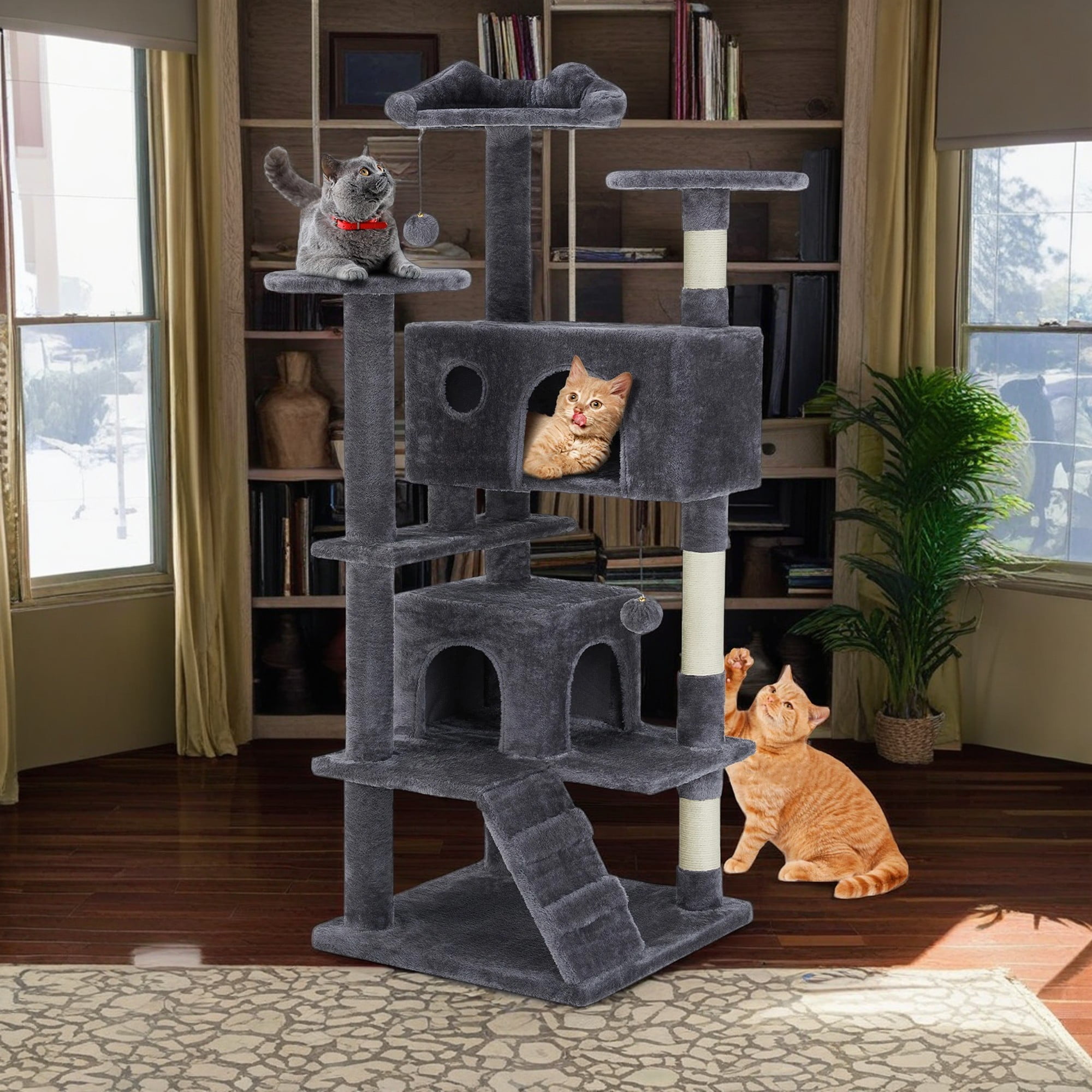 Gray 54-Inch Multi-Level Cat Tree with Sisal Scratching Post