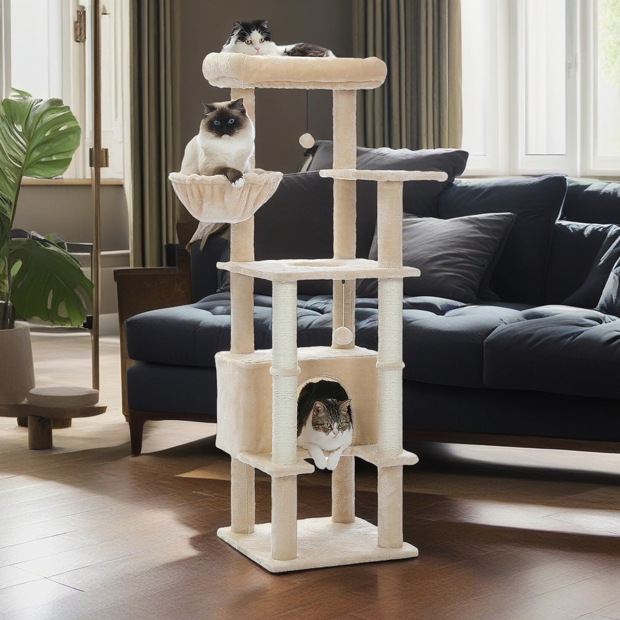 Kadyn 54" Cat Tree Tower for Big Cats, Cat Tree House Furniture with Hammock, Indoor Cat Condo for Adult Cats, Beige