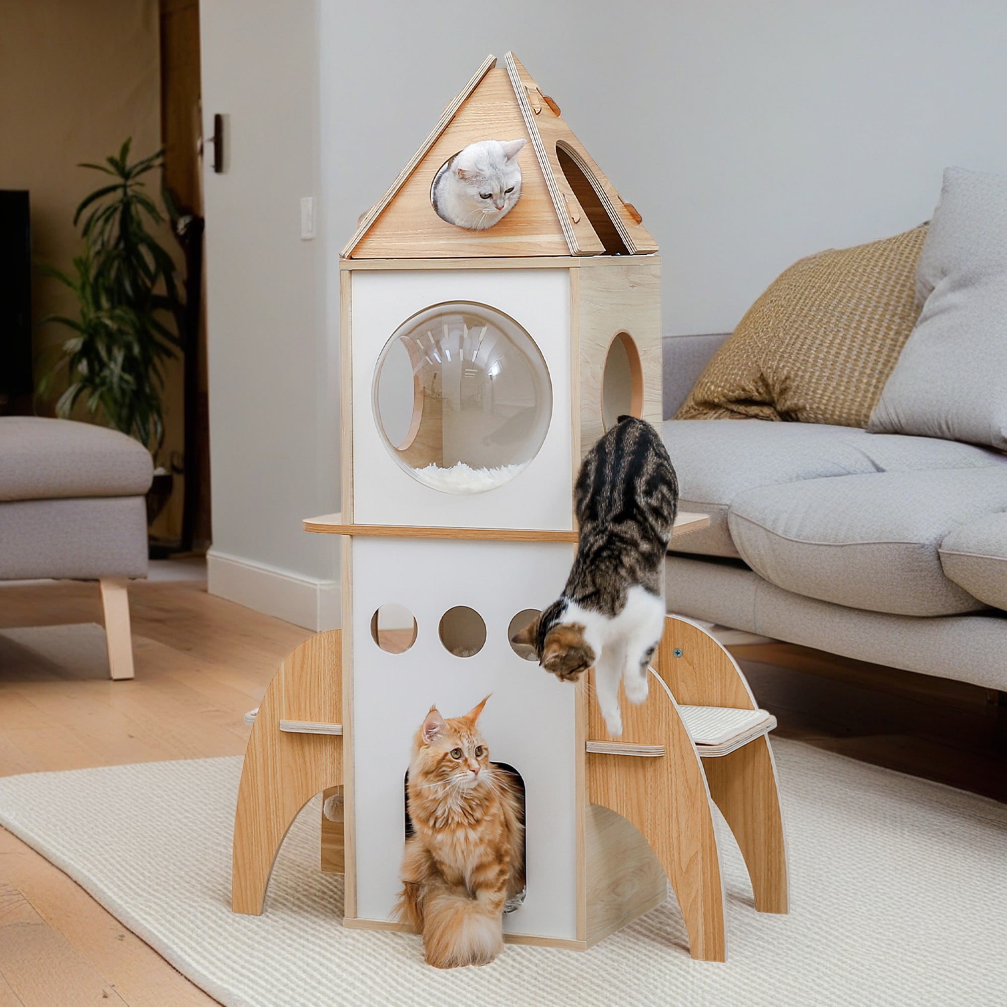 resenkos 54" Modern Cat Tree Tower Rocket Shape, Multilevel Cat Condo for Large Cats, Cat Tower for Big and Fat Spacious, Beige