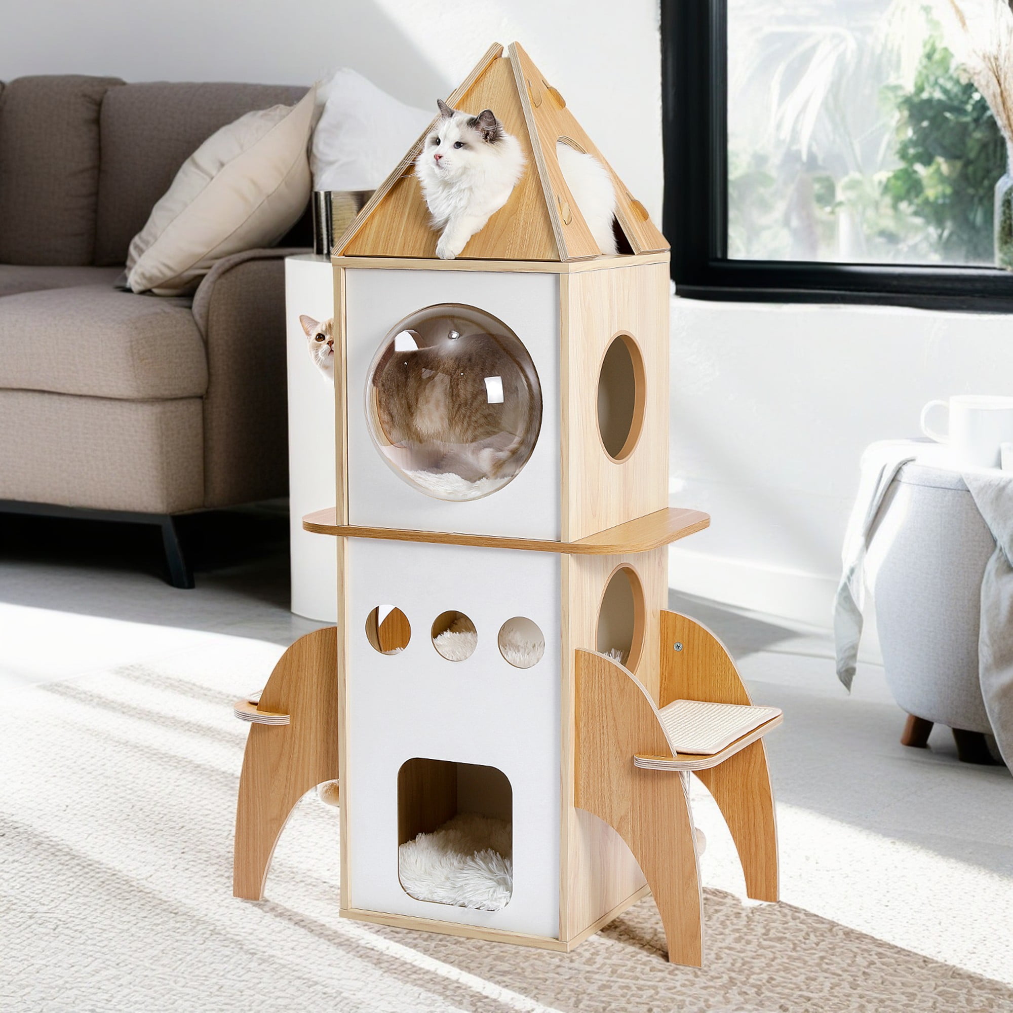 Kadyn 54" Multi-Level Cat Tower for Indoor, Cat Tree Rocket Shape Condo for Multiple Cats with 3 Condos, Dangling Balls, Attic Perch, Beige