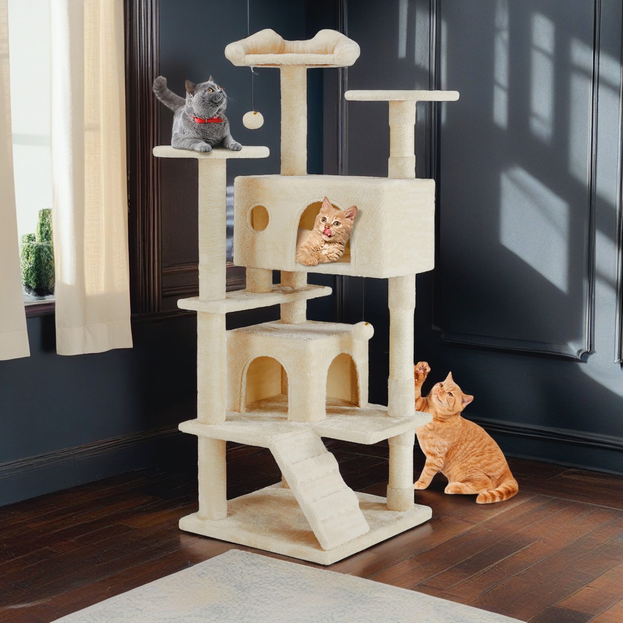 resenkos 54" Multi-Level Cat Tree Tower, Indoor Cat Tree House, Pet Playroom with Large Condo, Beige