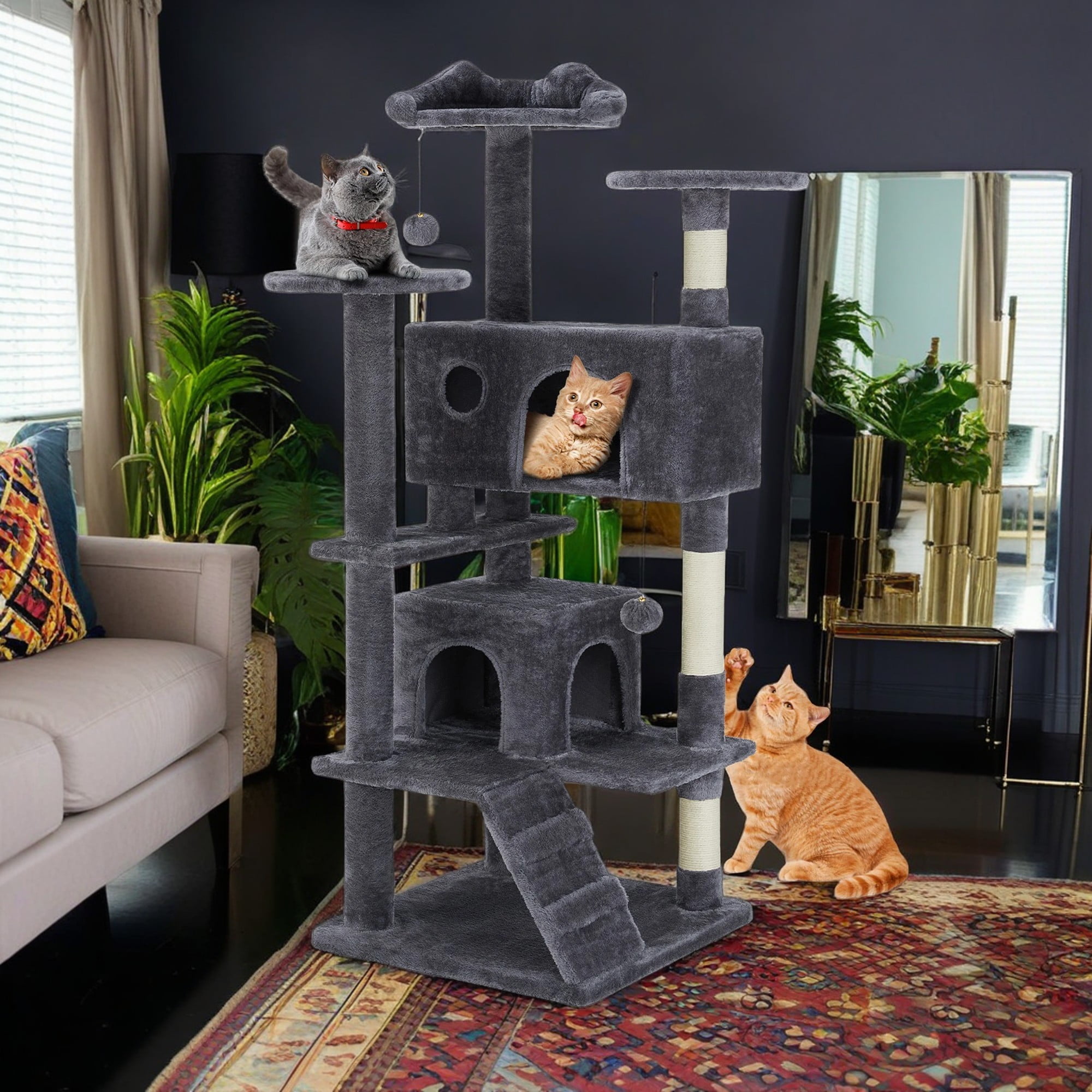 Gray 54-Inch Multi-Level Cat Tree with Sisal Scratching Post