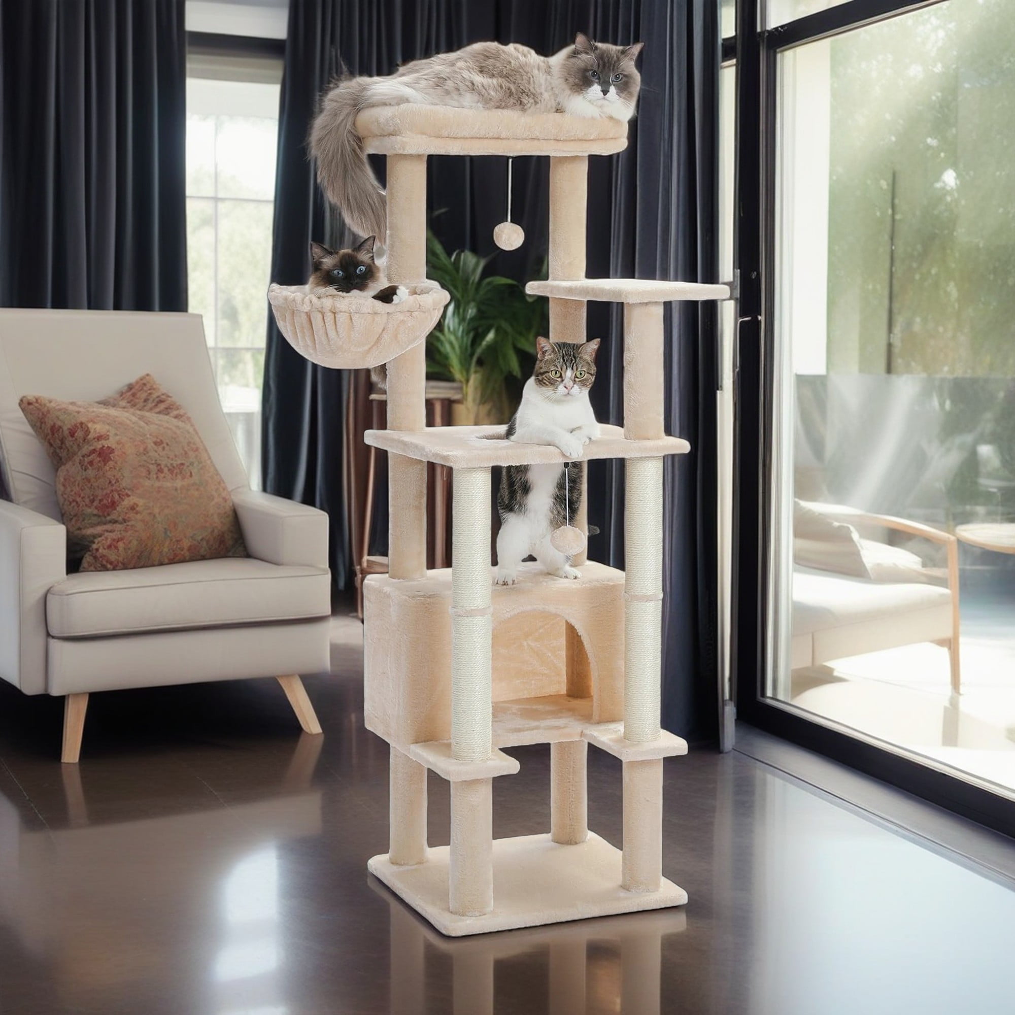 Kadyn 54" Multi-Level Cat Tree Tower for Indoor with Sisal-Covered Scratching Posts, Cat Condo with Hammock and Deluxe Perch, Beige