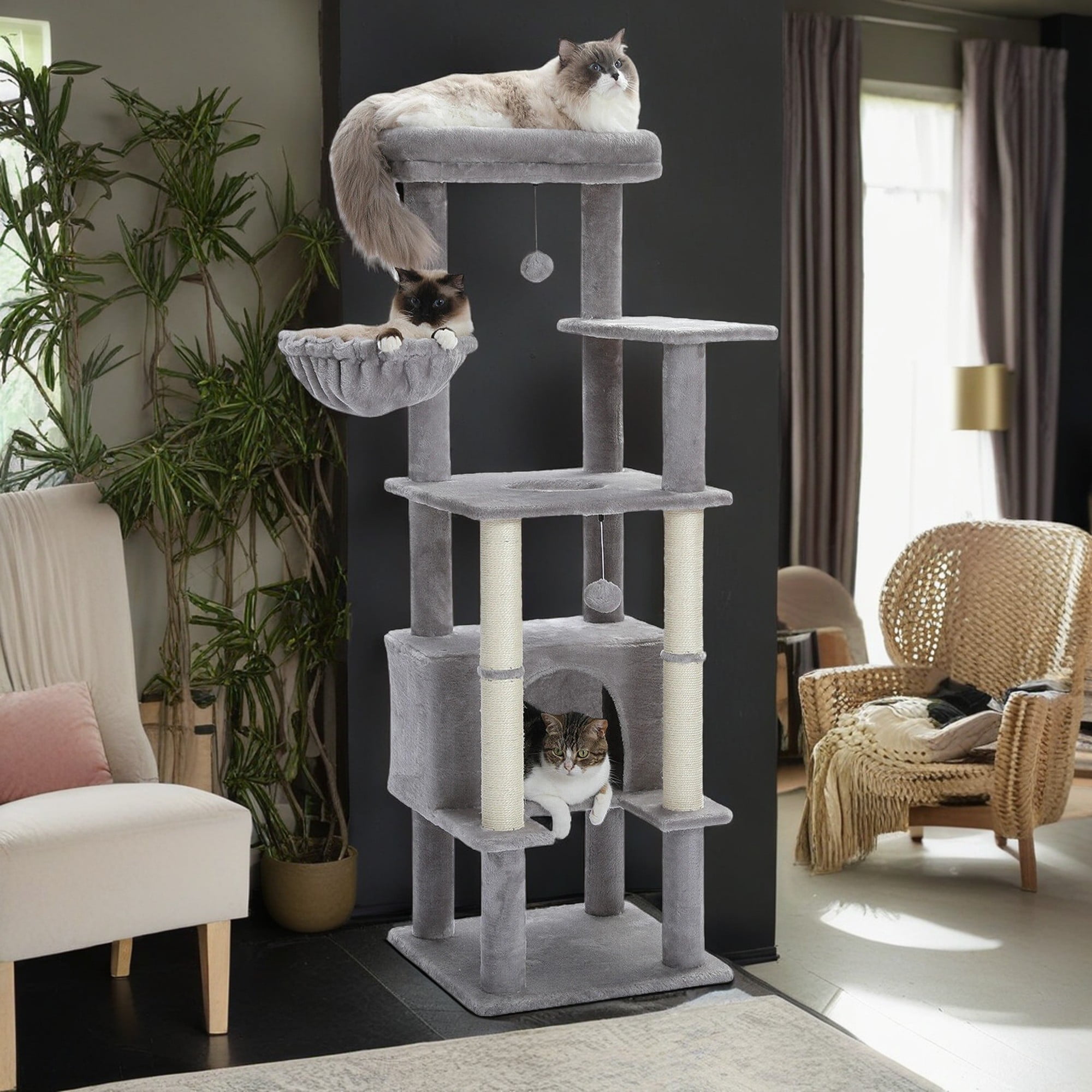 resenkos 54" Multi-Level Cat Tree Tower for Indoor with Sisal-Covered Scratching Posts, Cat Condo with Hammock and Deluxe Perch, Gray