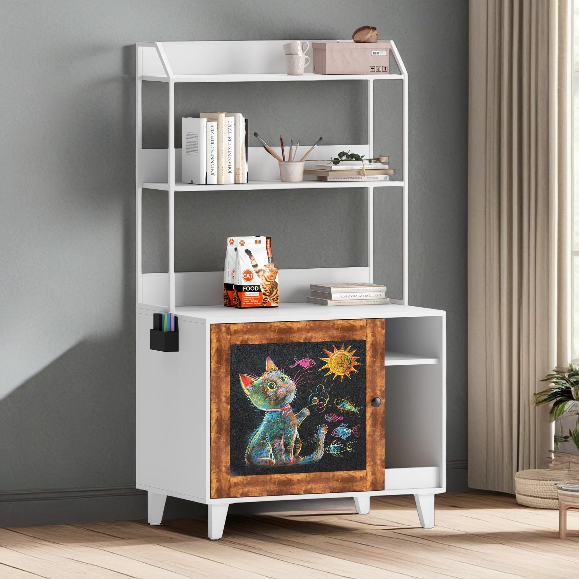 resenkos 55" Cat Litter Box Enclosure Hidden with 2 Storage Shelves and Doors, Wood Cat House Furniture with Scratch, Fit Most of Litter Box, White