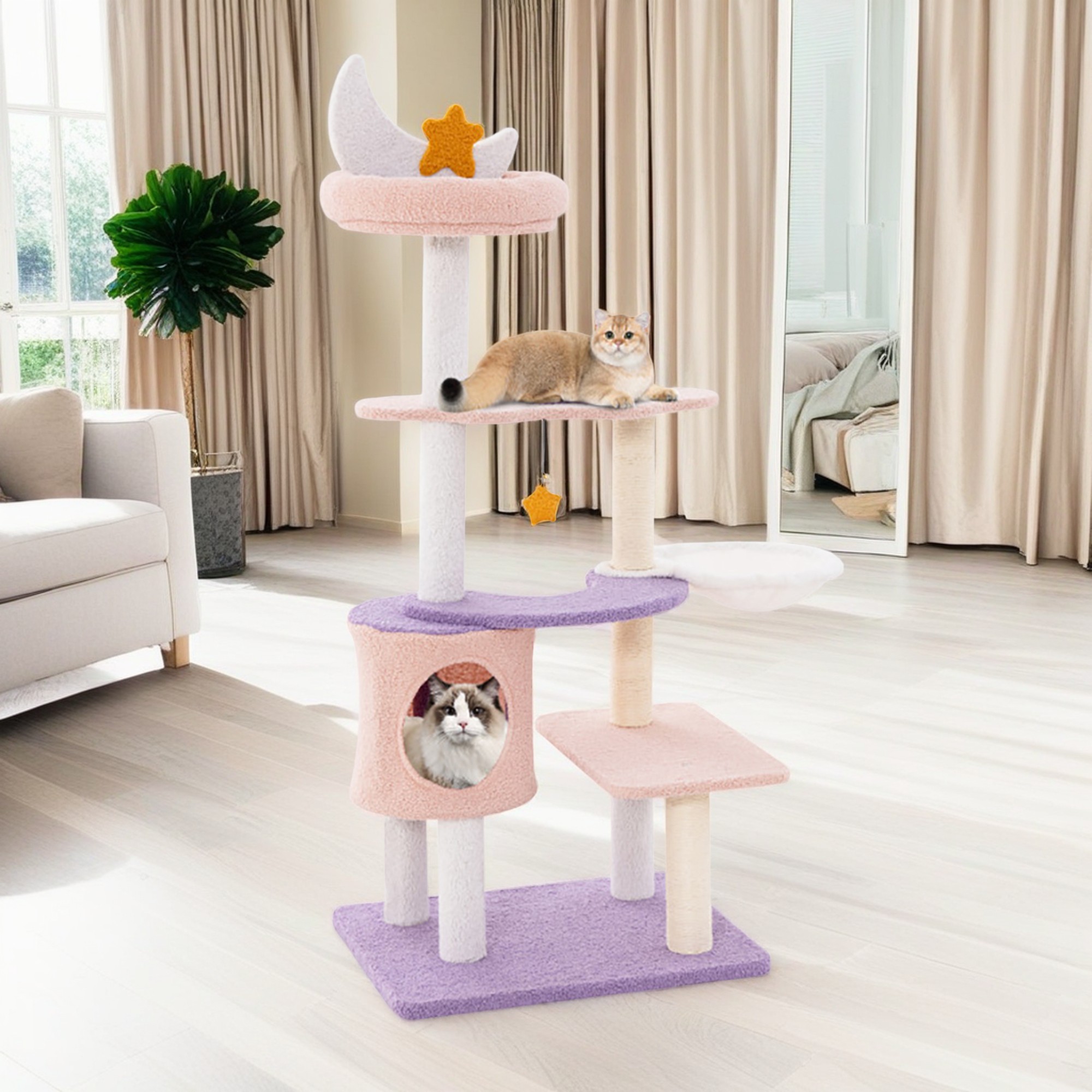 resenkos 55" Cat Tree Tower with Scratching Posts, Cat Condo with Padded Plush Perch, Multi-Platform for Jump Cat Tree House, Purple