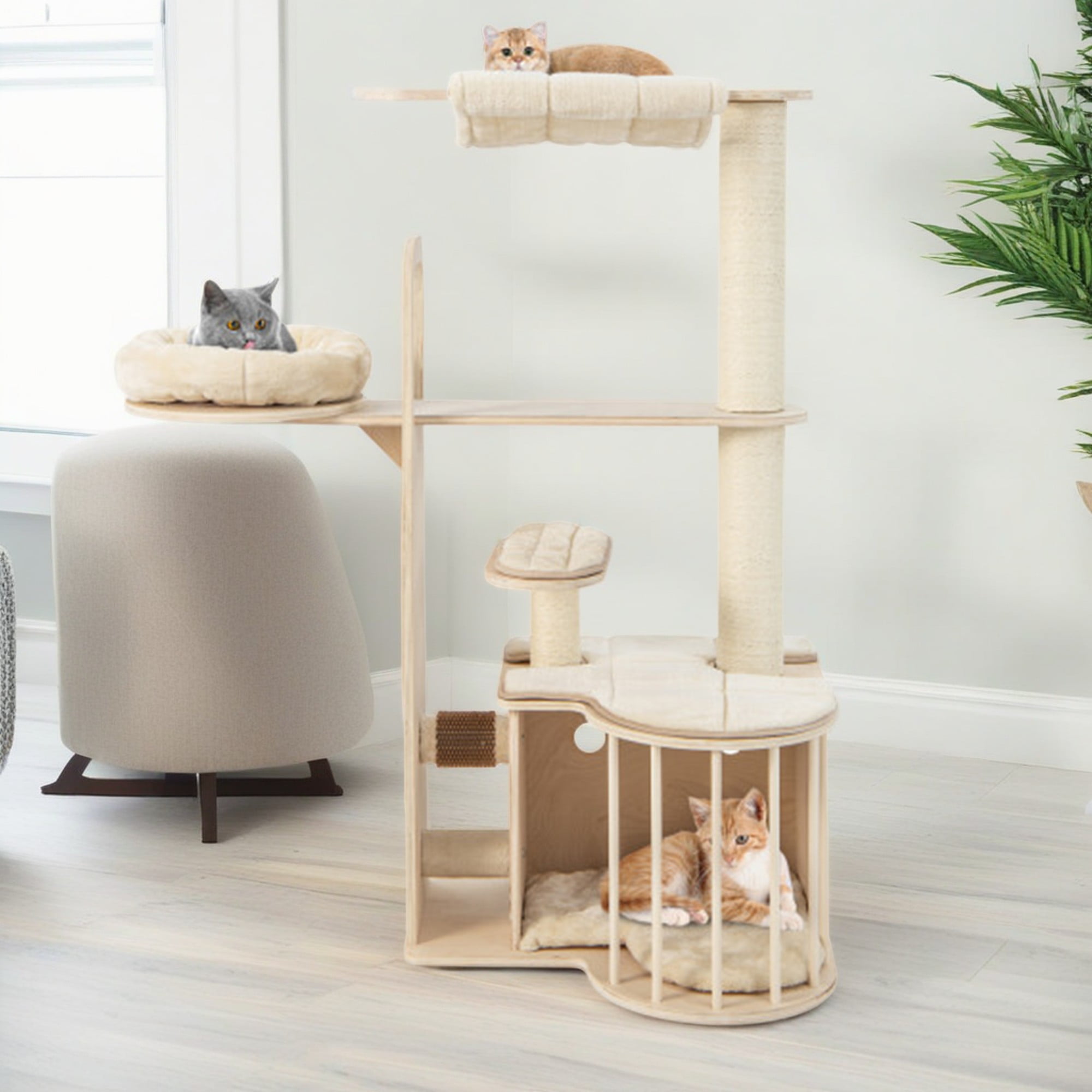 resenkos 55" Cat Tree Tower with Wood Cat Condos, Large Perch and Totally Wrapped Sisal Posts, Modern Cat Tree House, Beige