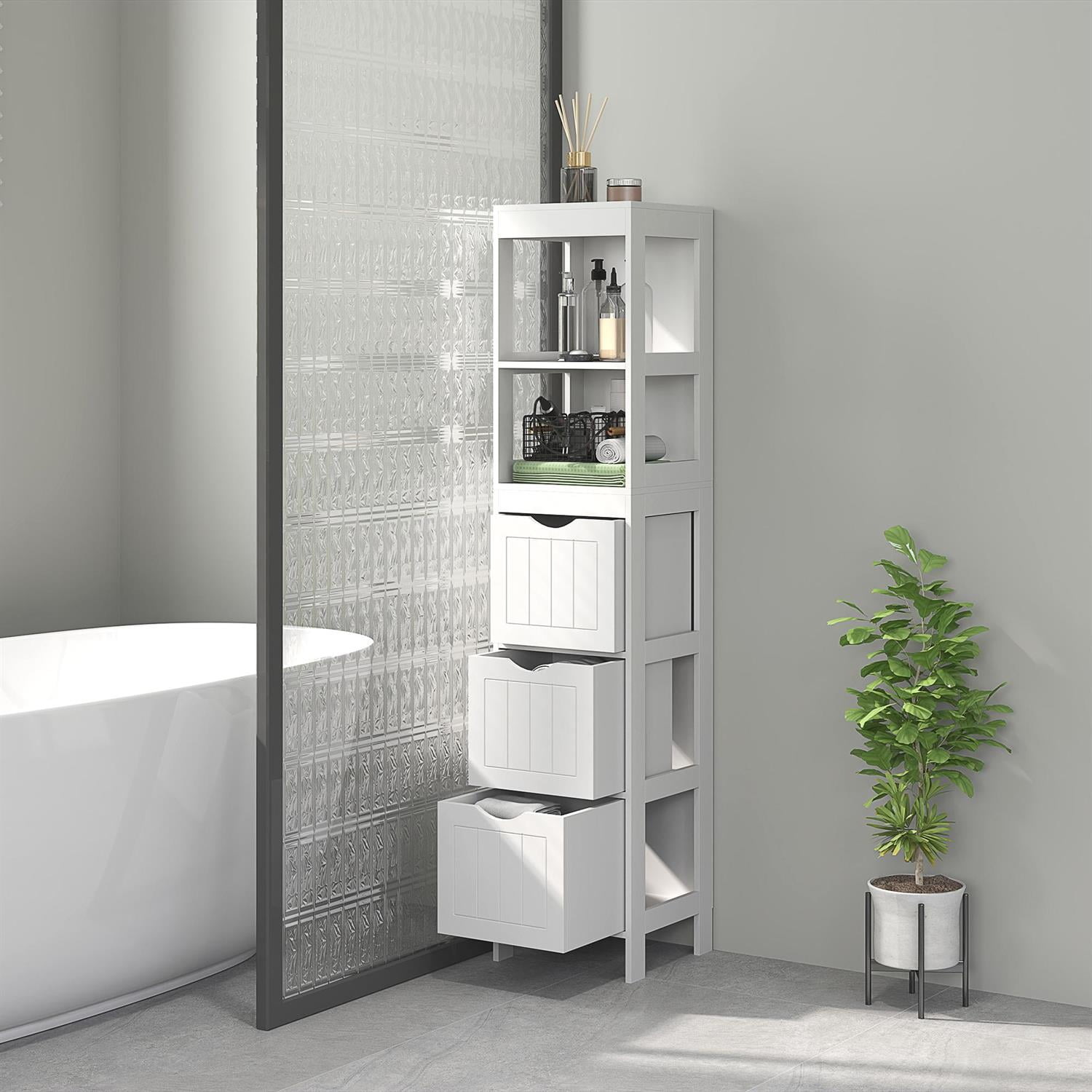 Demi Bonn 55" Compact Bathroom Storage Cabinet with 3 Drawers & Open Shelves, Space Saving Design for Narrow Spaces, White