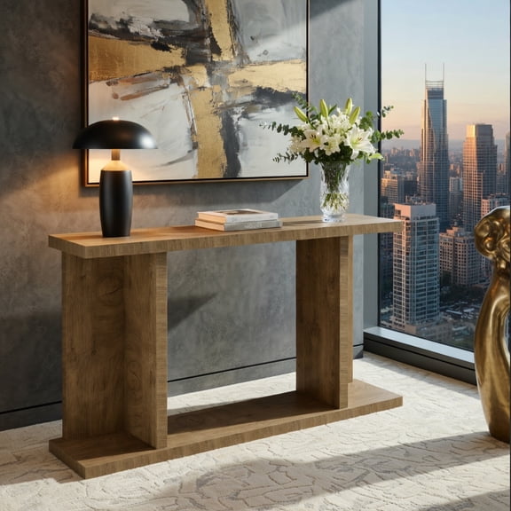 Demi Bonn 55" Farmhouse Console Table, 2-Tier Wooden Entryway Table for Behind Couch, Living Room, or Hallway, Natural Wood Grain MDF Sofa Table with Sturdy Pedestal Base, Brown