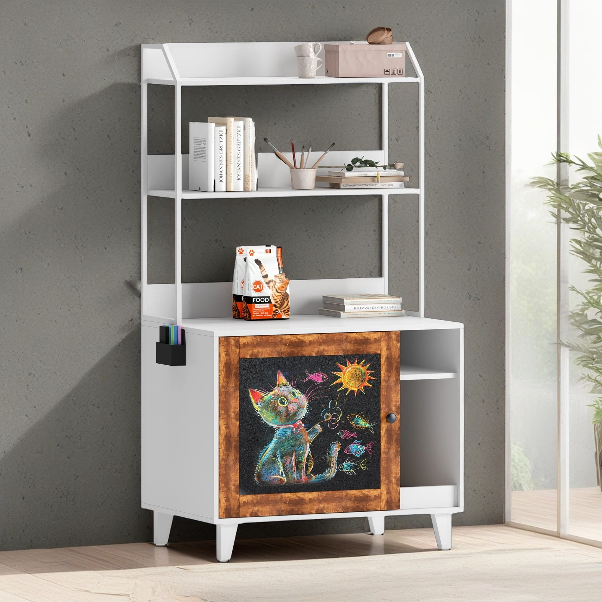 resenkos 55" Hidden Cat Litter Box Enclosure Furniture with Scratching Pad for Living Room, Modern Graffiti Cat House, White