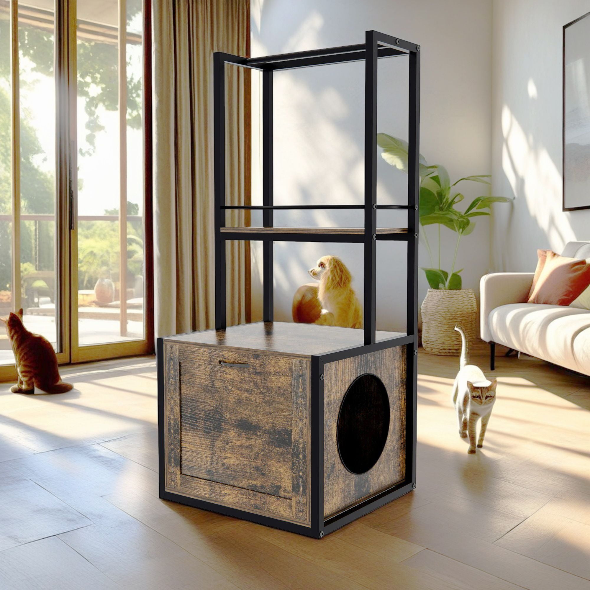 Kadyn 55" Hidden Cat Litter Box Enclosure Furniture with Storage Shelves, Indoor Cat Washroom, Wooden Enclused Litter Box Cat House, Brown