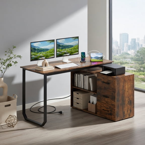 Demi Bonn 55 Inch Reversible L Shaped Desk with 3 Drawers Adjustable Shelf Built-in Power Outlets Sturdy Metal Frame ETL UL Certified Home Office Desk, Rustic Brown