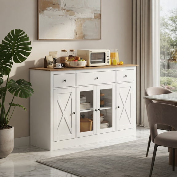 Demi Bonn 55" Large Buffet Sideboard,3-Drawer 2 Glass Doors,Adjustable Shelves Anti-Tip,White