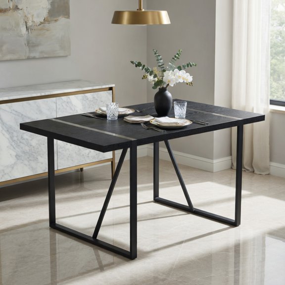 Demi Bonn 55" Minimalist Retro Dining Table with Textured MDF Top & Inset Metal Legs, Modern Light Luxury Rectangular Table for Dining or Home Office, Black