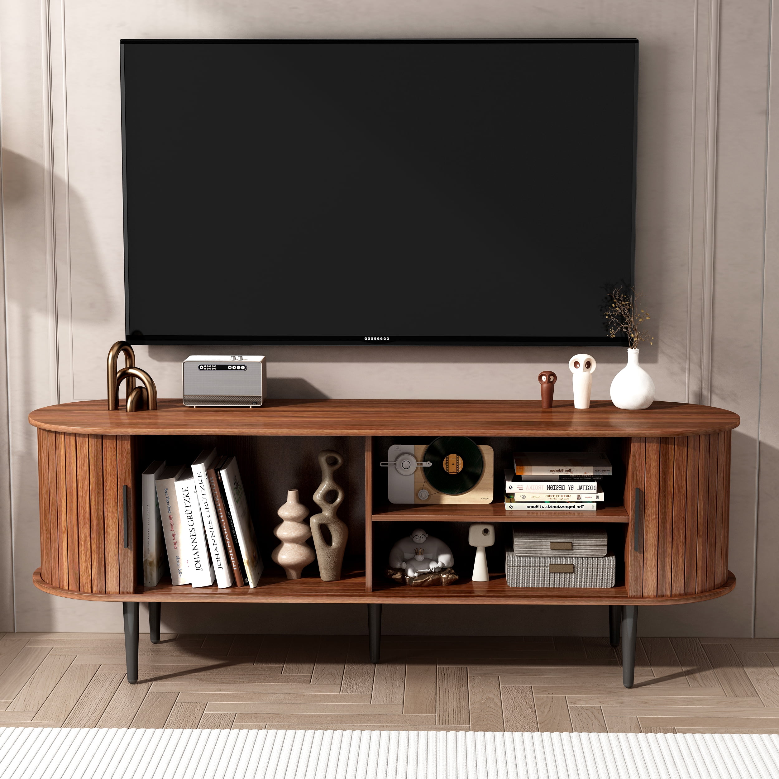 Demi Bonn 55" Modern TV Stand with Sliding Door and Storage for 55" TV, Sleek TV Console Entertainment Center for Living Room, Bedroom, Office, Brown