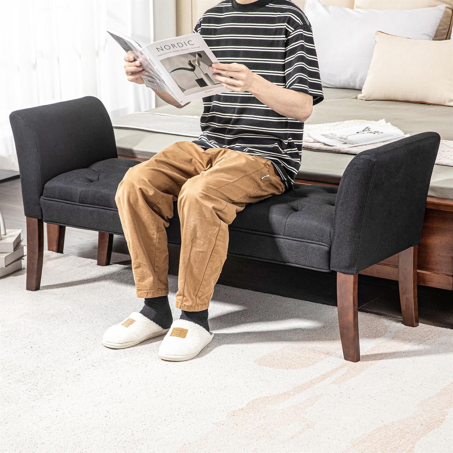 Demi Bonn 55" Upholstered Bench with Button Tufted Design, Armrest & Solid Wood Ends for Bedrooms, Comfortable Seating & Stylish Decor, Black