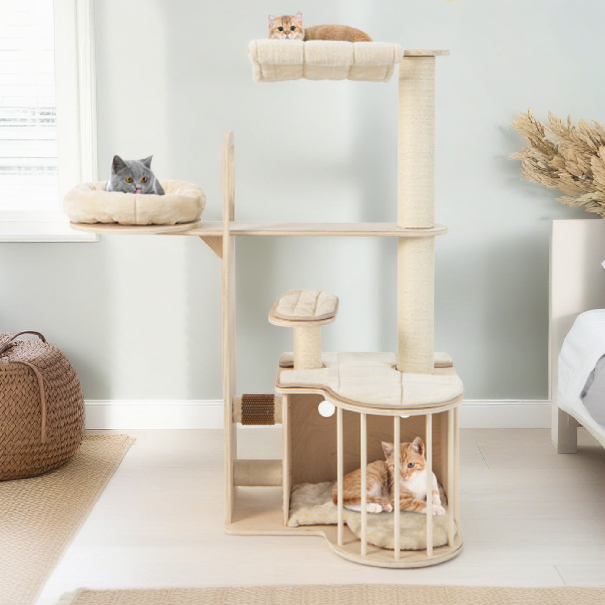 Kadyn 55" Wood Cat Tree Tower for Indoor Cats with Scratching Posts Washable Detachable Cushion, Modern Cat Condo Furniture for Large Cat, Beige