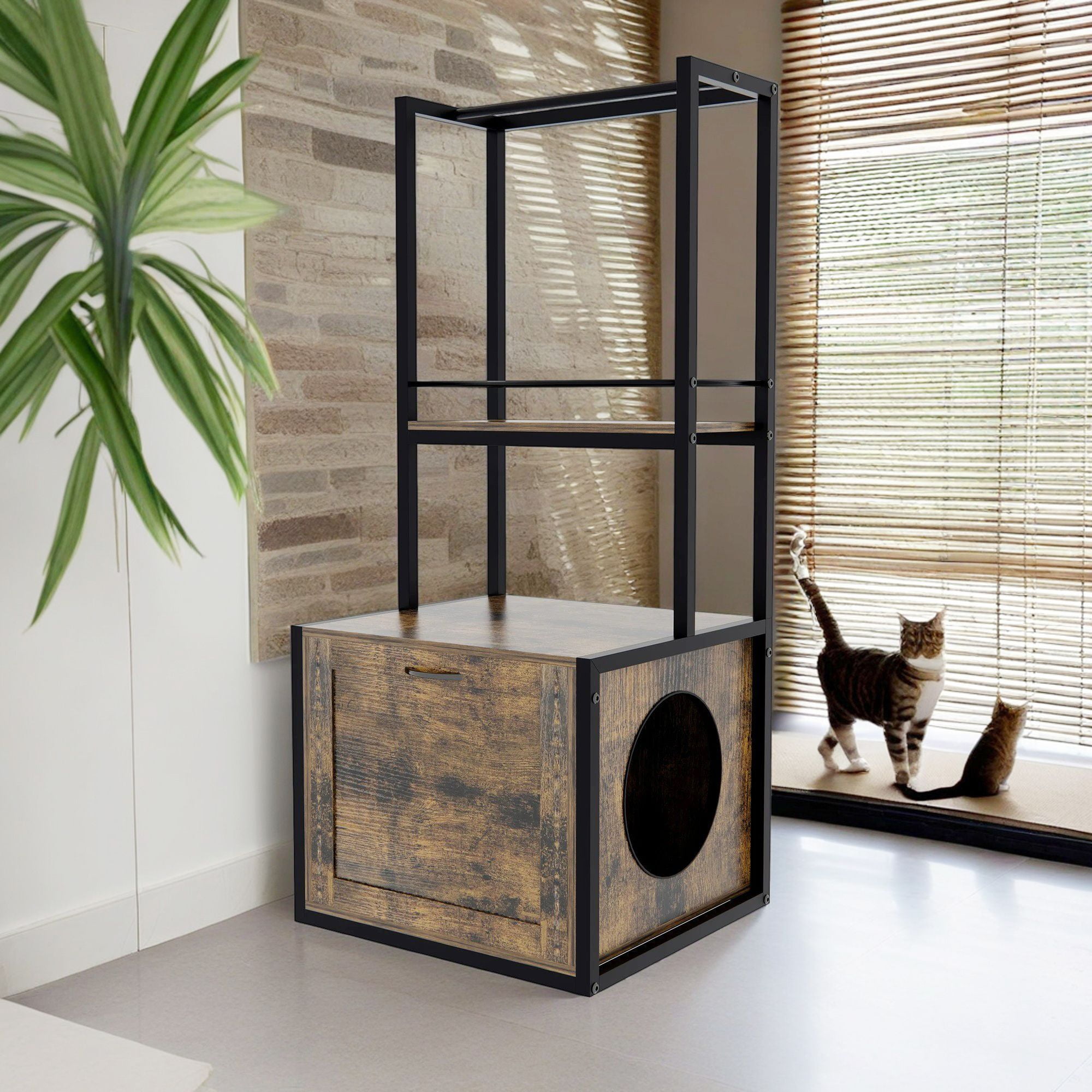 Kadyn 55" Wooden Cat Litter Box Cover Enclosure with Storage Shelves, Hidden Cat House Washroom, Spacious Storage, Fit Most of Litter Box, Brown
