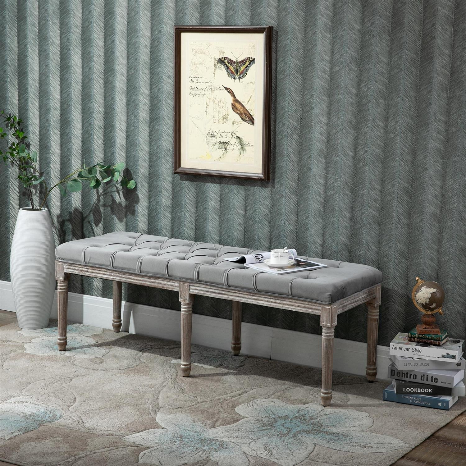 Demi Bonn 56" Bedside Bench, Upholstered Hallway Bench with Button Tufted Design, Thick Padding & Wood Legs, French Vintage Ottoman Style for Living Room, Gray