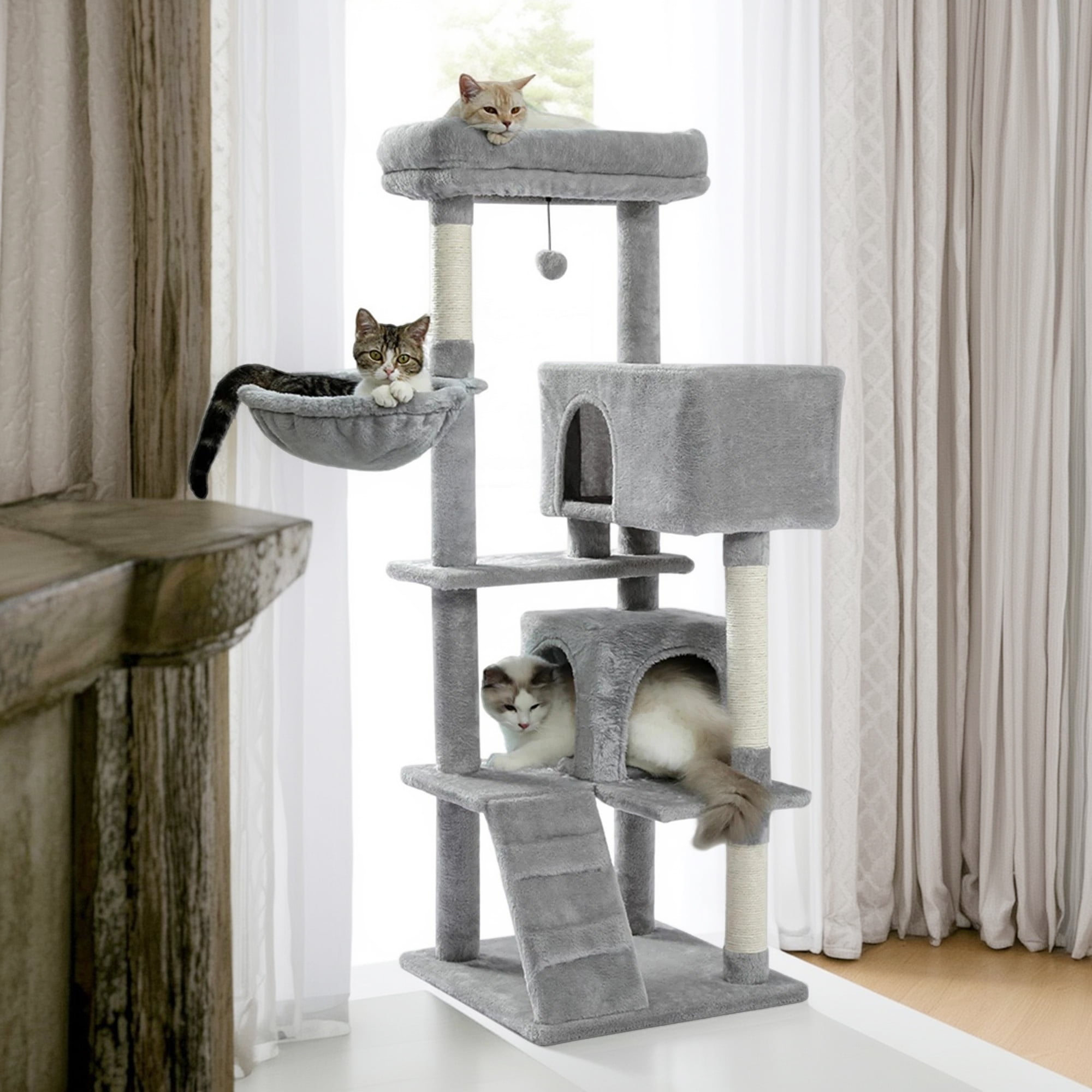 resenkos 56" Cat Tree Tower for Indoor Cats, Cat Tree House for Multiple Cats with 2 Cozy Condos, Top Perch, Hammock, Climbing ladder and Dangling Ball, Dark Gray